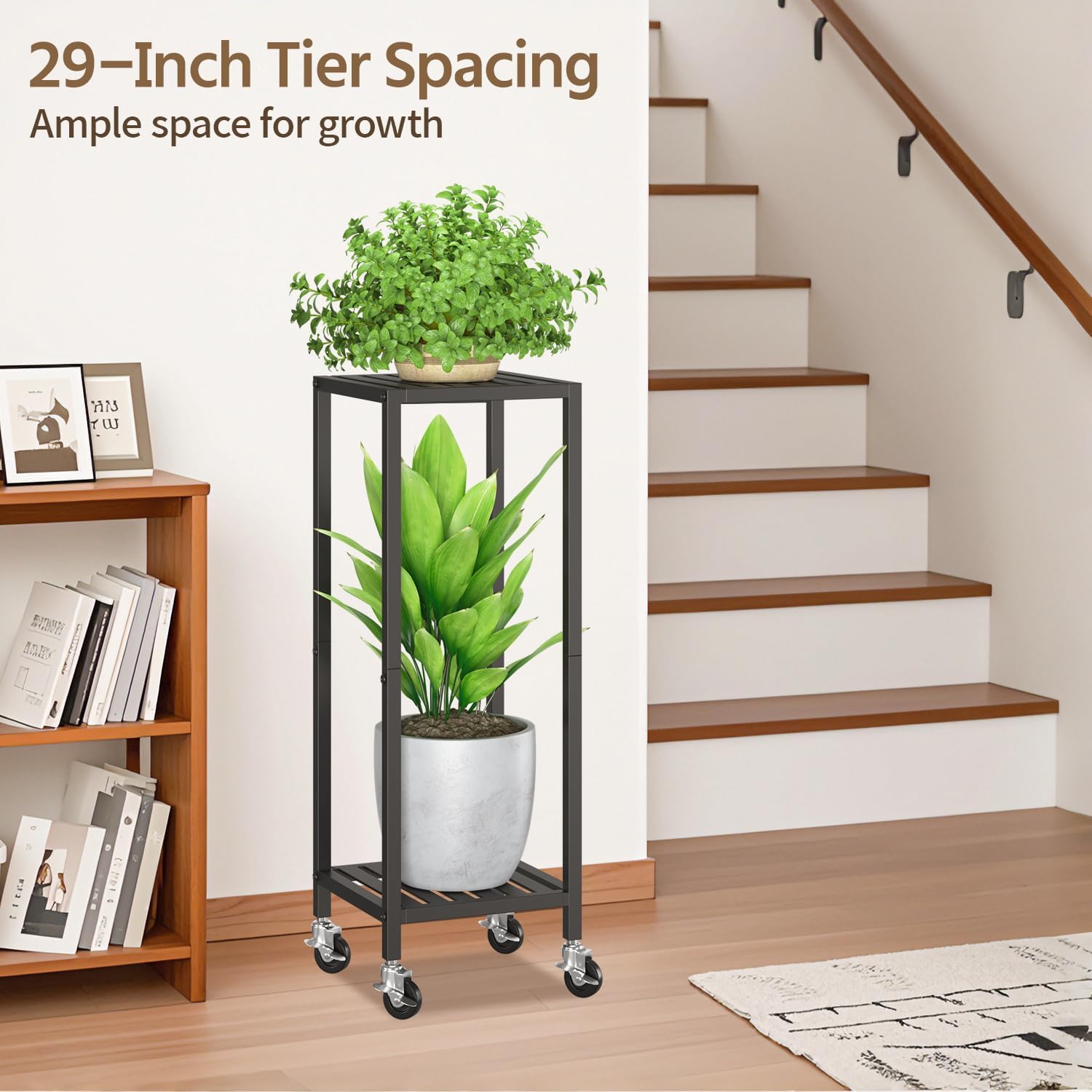 LASZOLA Plant Stand Shelf Indoor Outdoor Tall Corner, 2 Tier Metal Black | Iron Flower Holder with Wheels for Large