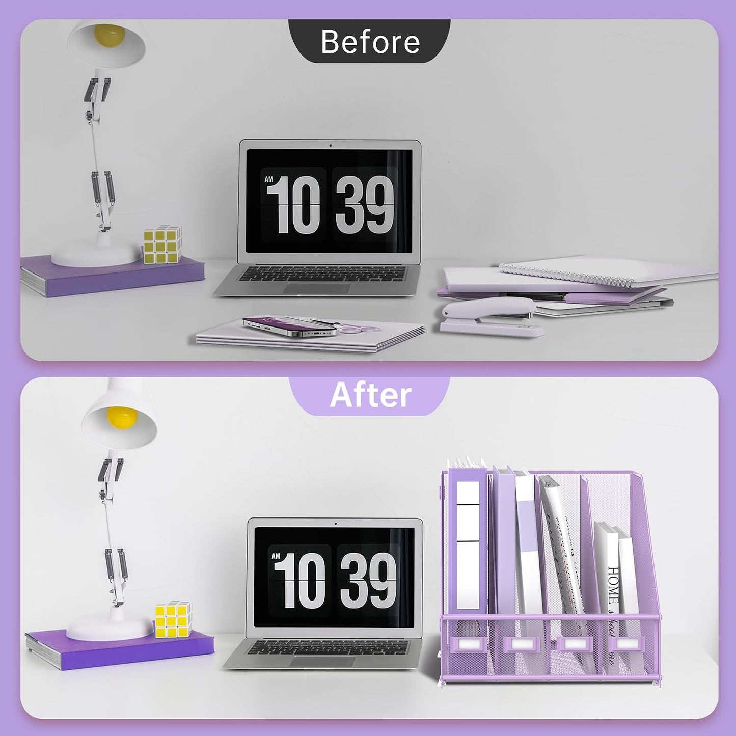 4-Compartment Magazine File Holder and File Organizer for Desk, Purple | Metal Magazine Holder and Magazine File