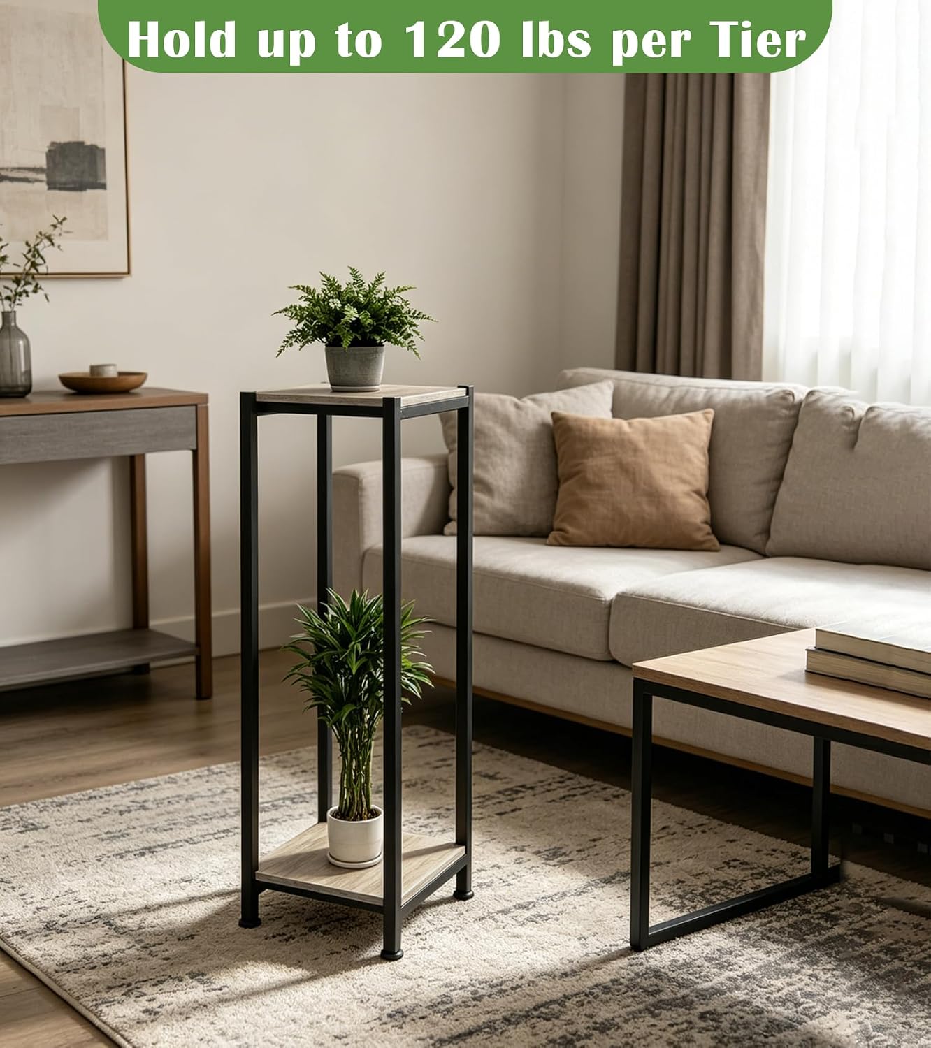 Dipion 40 Inch Extra Tall Plant Stand Indoor,2 Tier Pedestal Stand,Greige | Rock-Solid Stability,Adjustable