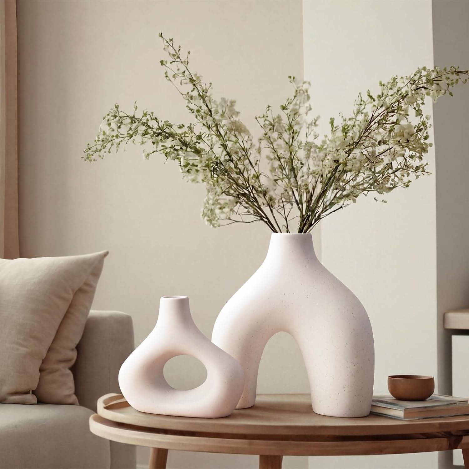 Mid Century Modern Decor Ceramic Donut Vases / White / Set of 2
