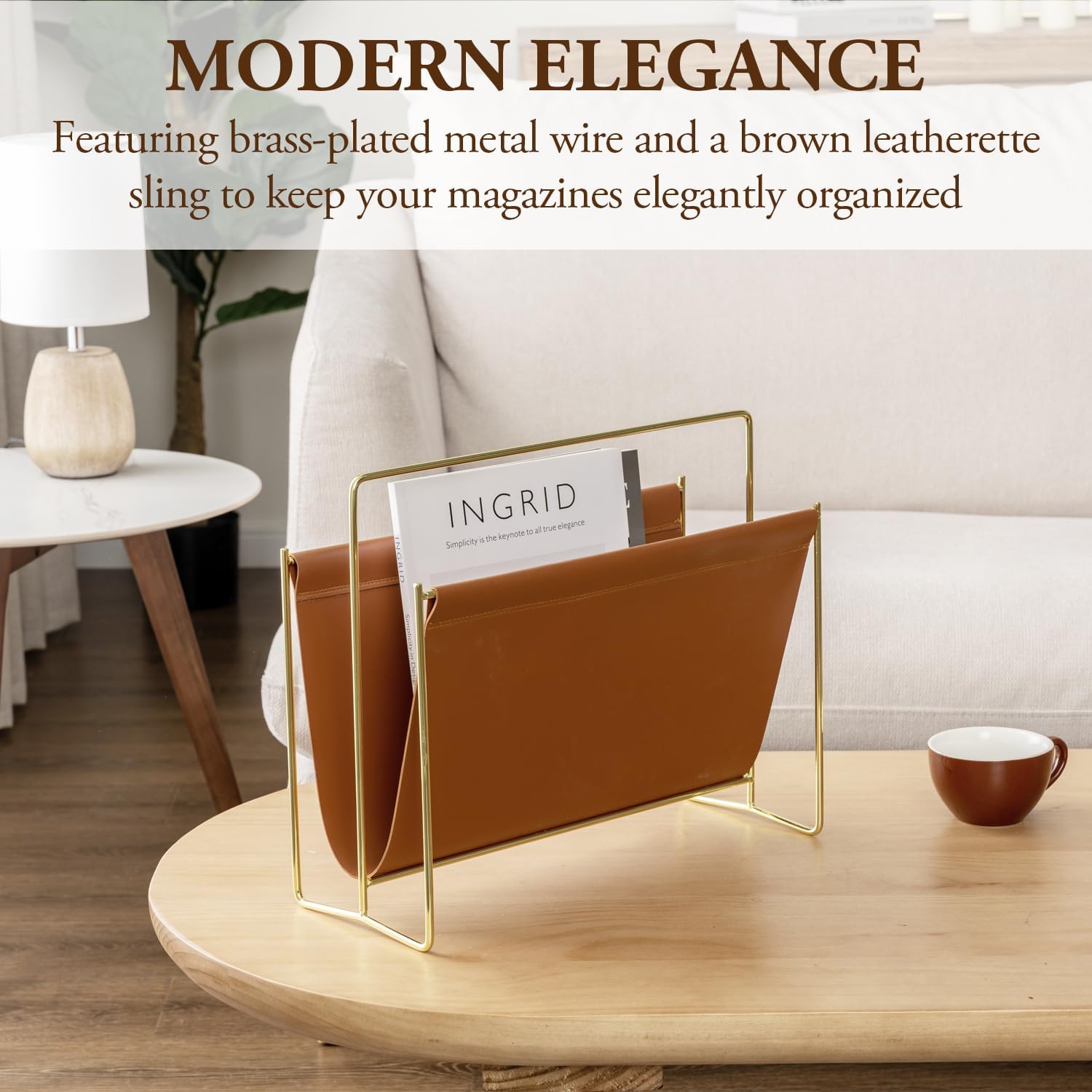 MyGift 15-Inch Magazine Holder Brown Leatherette Sling & Brass Plated Metal | Modern Metal Frame Faux Leather Sling