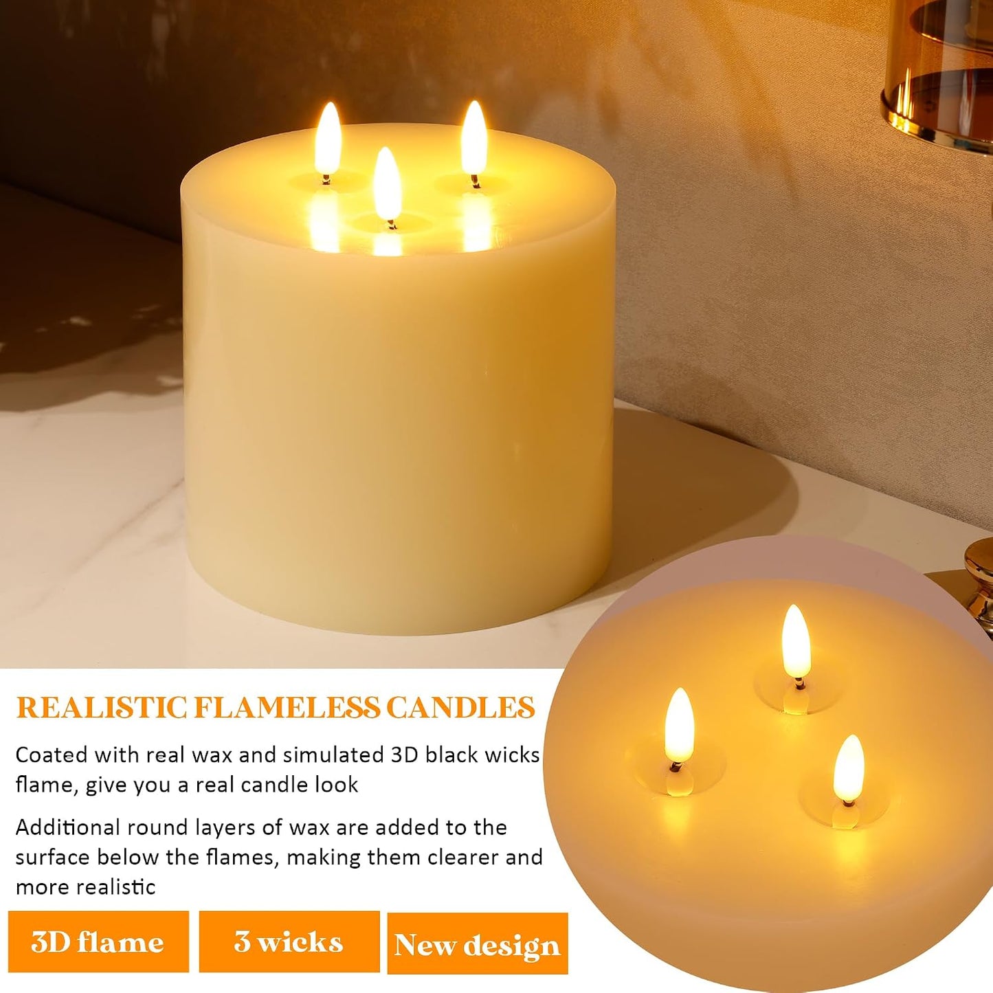 Extra Large Flameless Candles, 6"x6" Real Wax Battery Operated Candles with Remote and Timer, Flickering LED Pillar