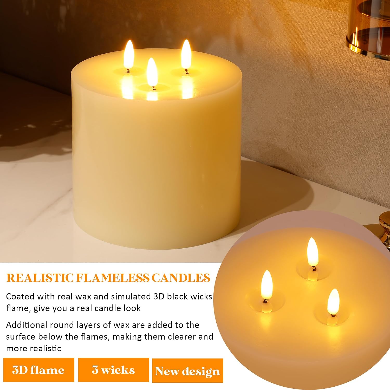 Extra Large Flameless Candles, 6"x6" Real Wax Battery Operated Candles with Remote and Timer, Flickering LED Pillar
