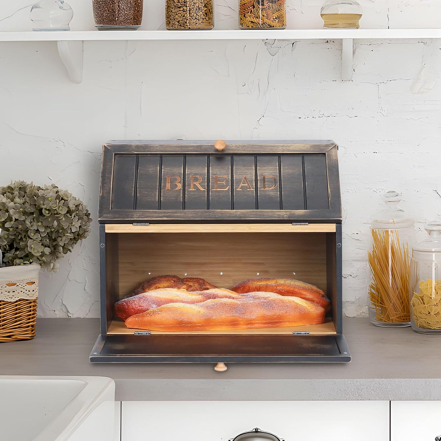 HOMEKOKO Vintage Double Layer Large Bread Box, Wood Bread Storage Bin,Black | Keeps Bread Fresh 3-4 Days, 2-Tier
