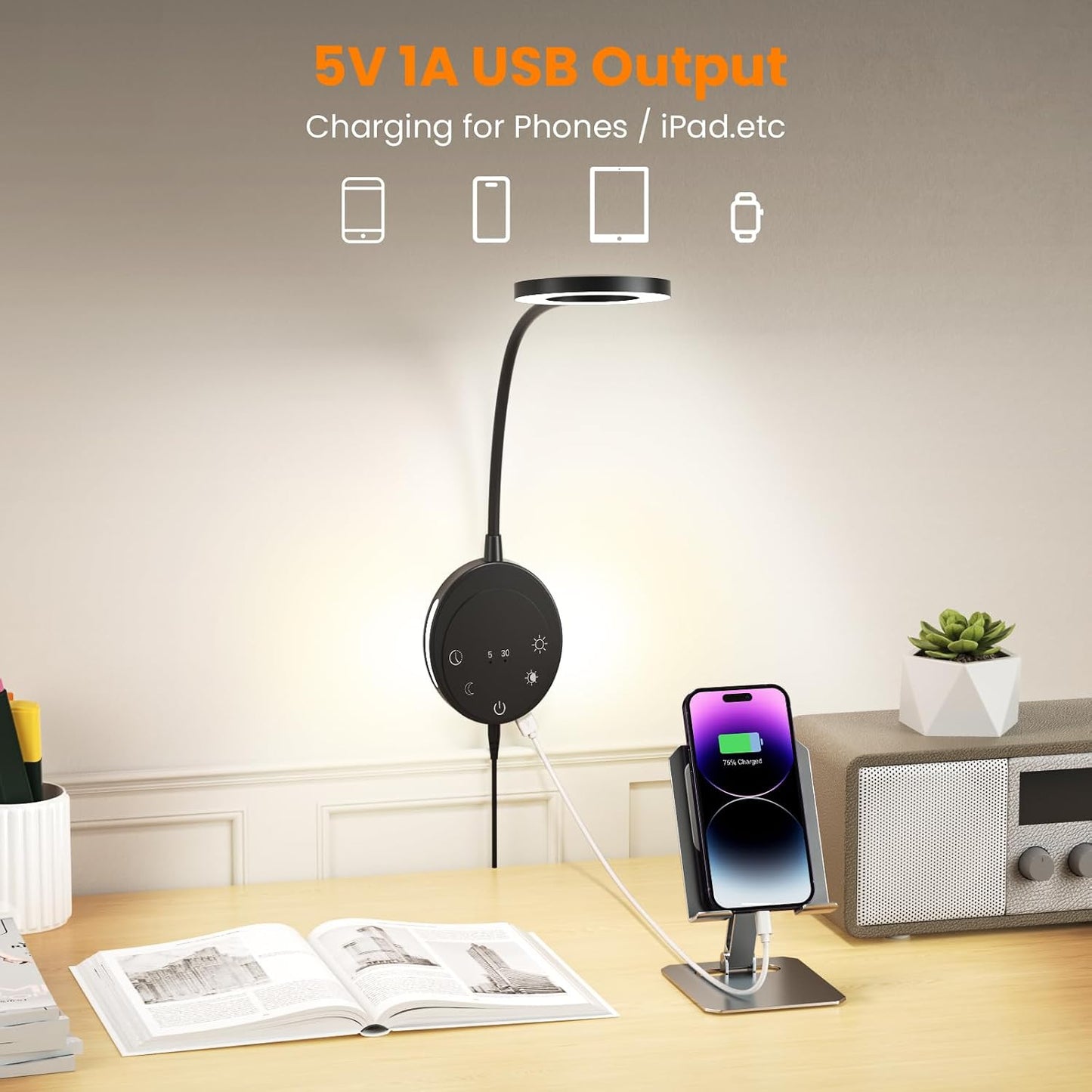 Wall Mounted Reading Light, Bedside Headboard Lights with 5 Color Temperature & 5 Dimming, 360 Flexible Gooseneck, USB