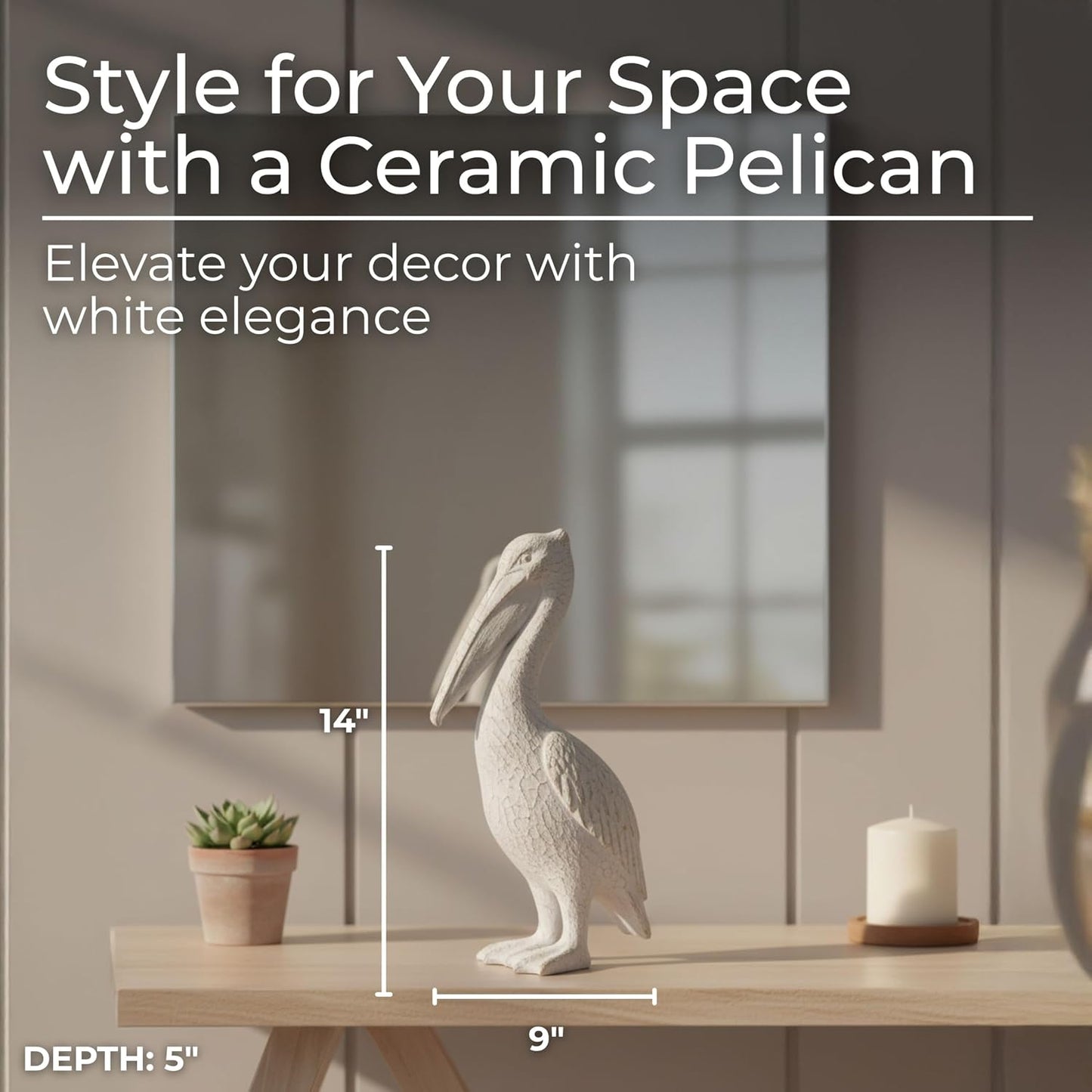 Modern Ceramic Standing Pelican Sculpture / 14.0" H / White