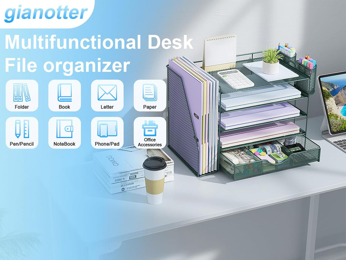 gianotter 5-Tier Desk Organizer with Drawers and File Holders | Letter Trays and Pen Holders - Workspace Accessories