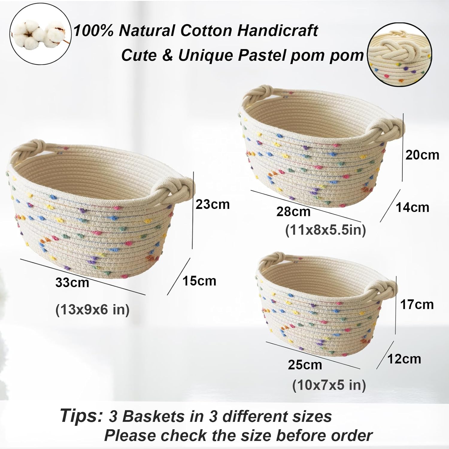Small Woven Rope Storage Baskets for Organizing / Rainbow 3 / Set of 3