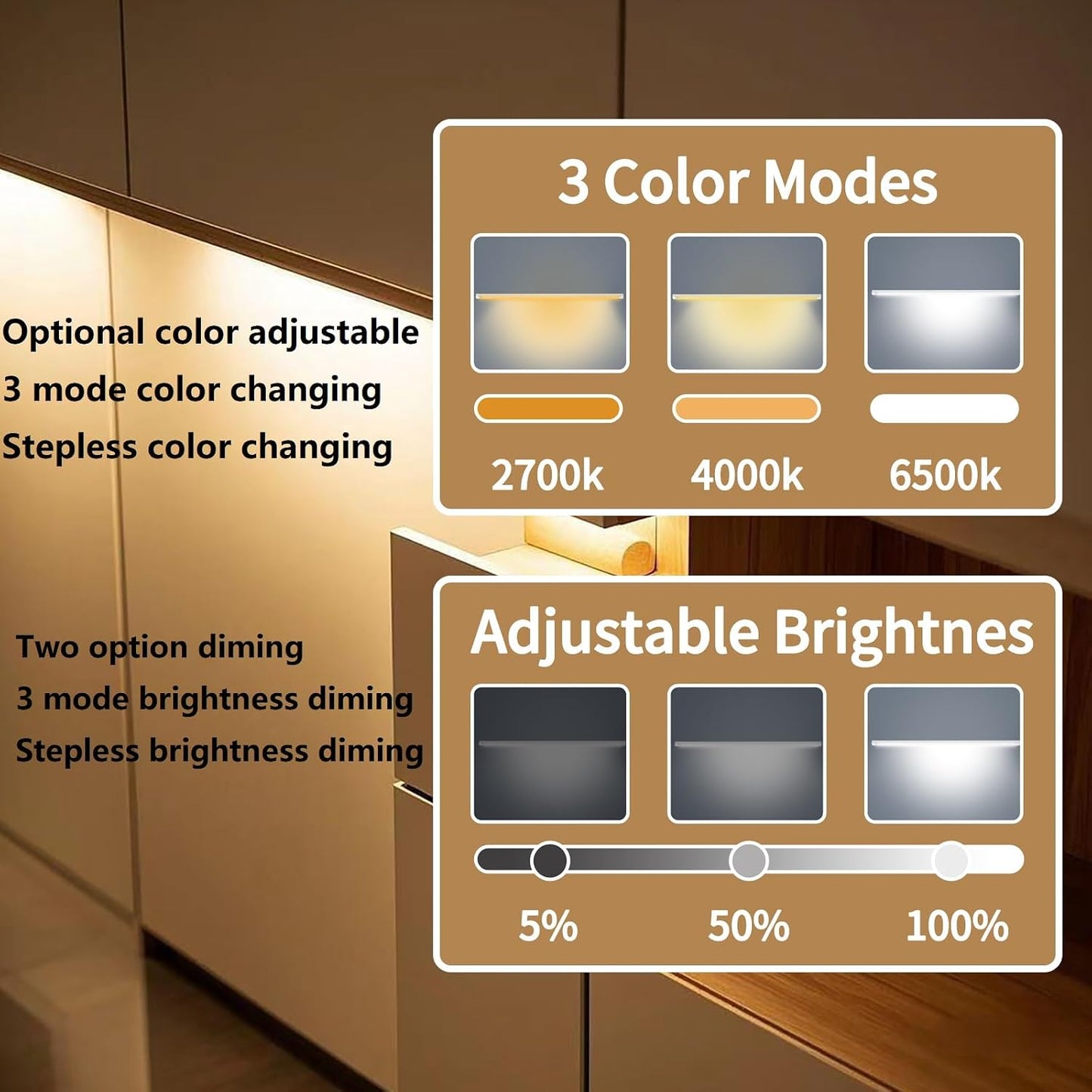 LED Cabinet Light Bars Motion Sensor Dimmable Lights Kitchen Closet Shelf | Warm, Natural, Cool White, Stepless