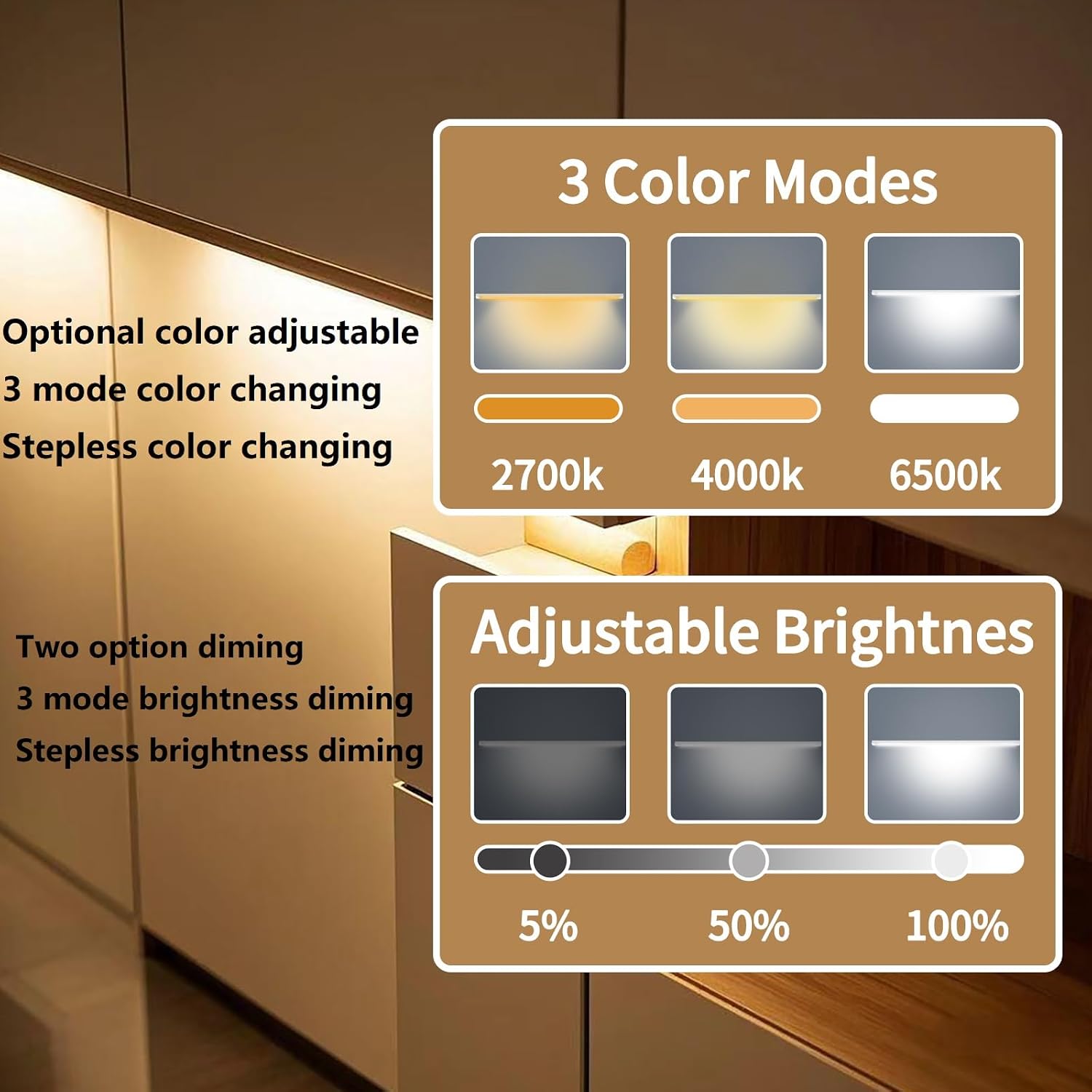 LED Cabinet Light Bars Motion Sensor Dimmable Lights Kitchen Closet Shelf | Warm, Natural, Cool White, Stepless