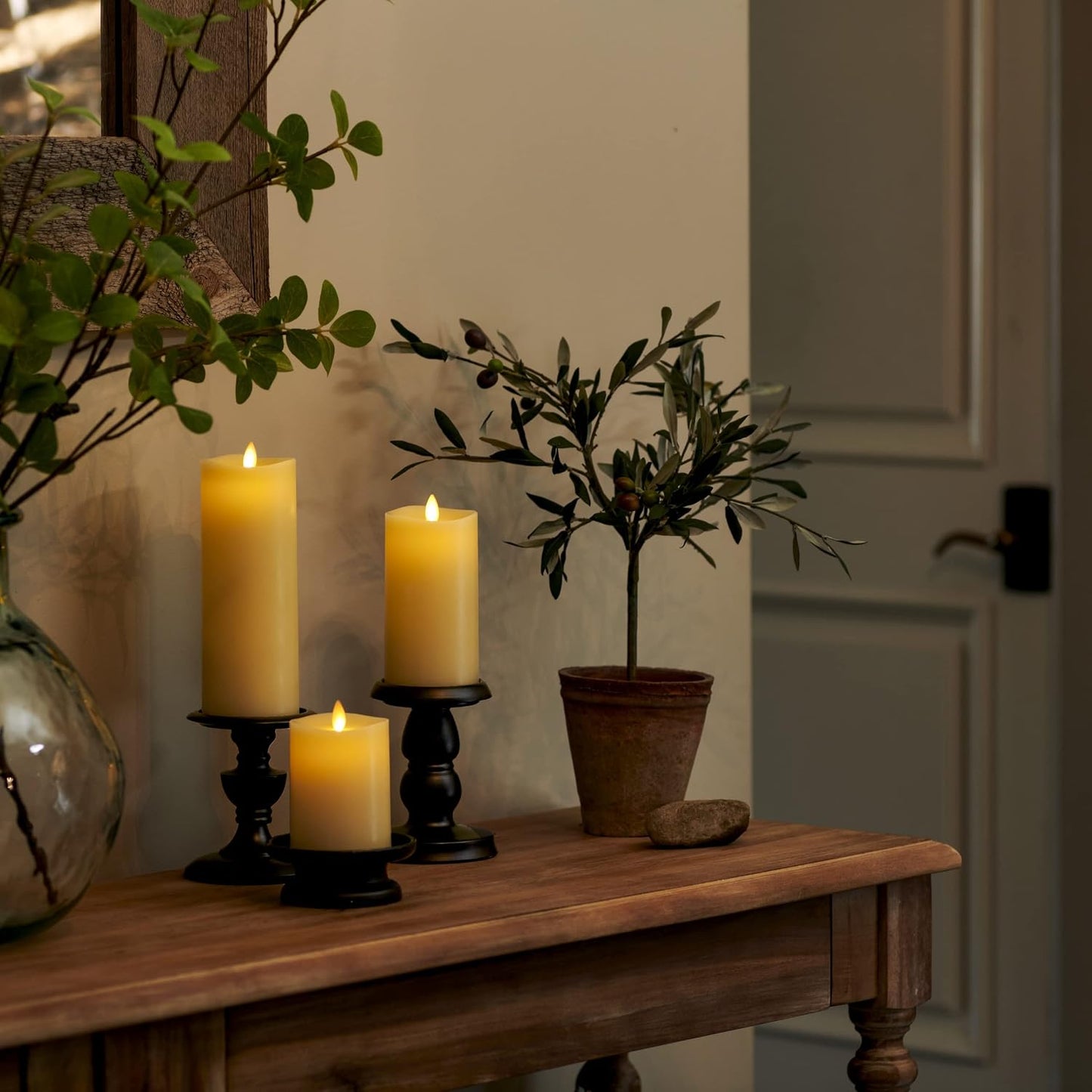 Luminara Realistic Flameless LED Set of 3 Ivory Pillar Candles, Home Safe Moving Flame Melted Top Illumination, Battery