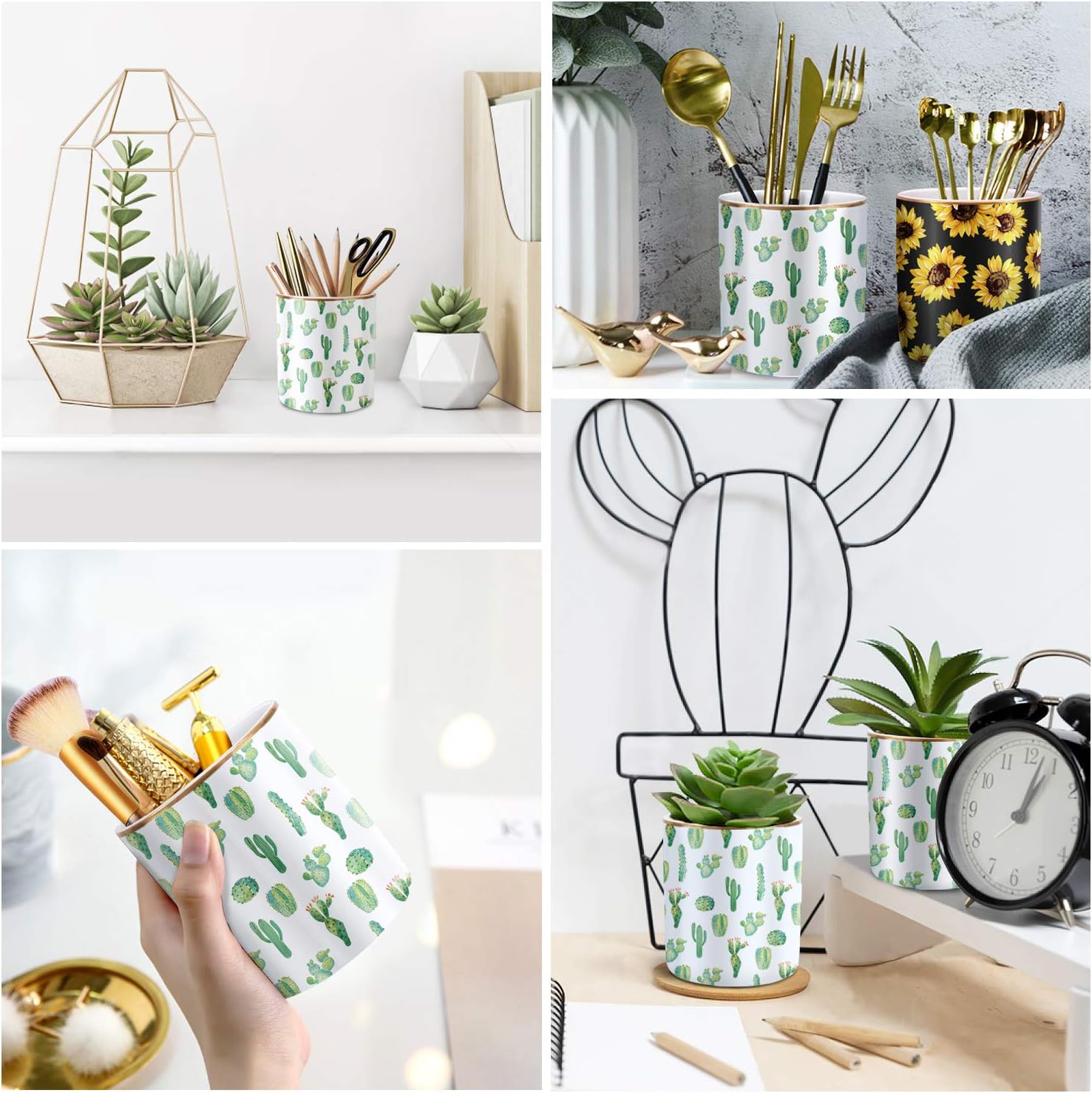 Multi-Purpose Holder for Desk Pencil Cup for Girls Boys Kids Durable Ceramic Desk Organizer / Cactus