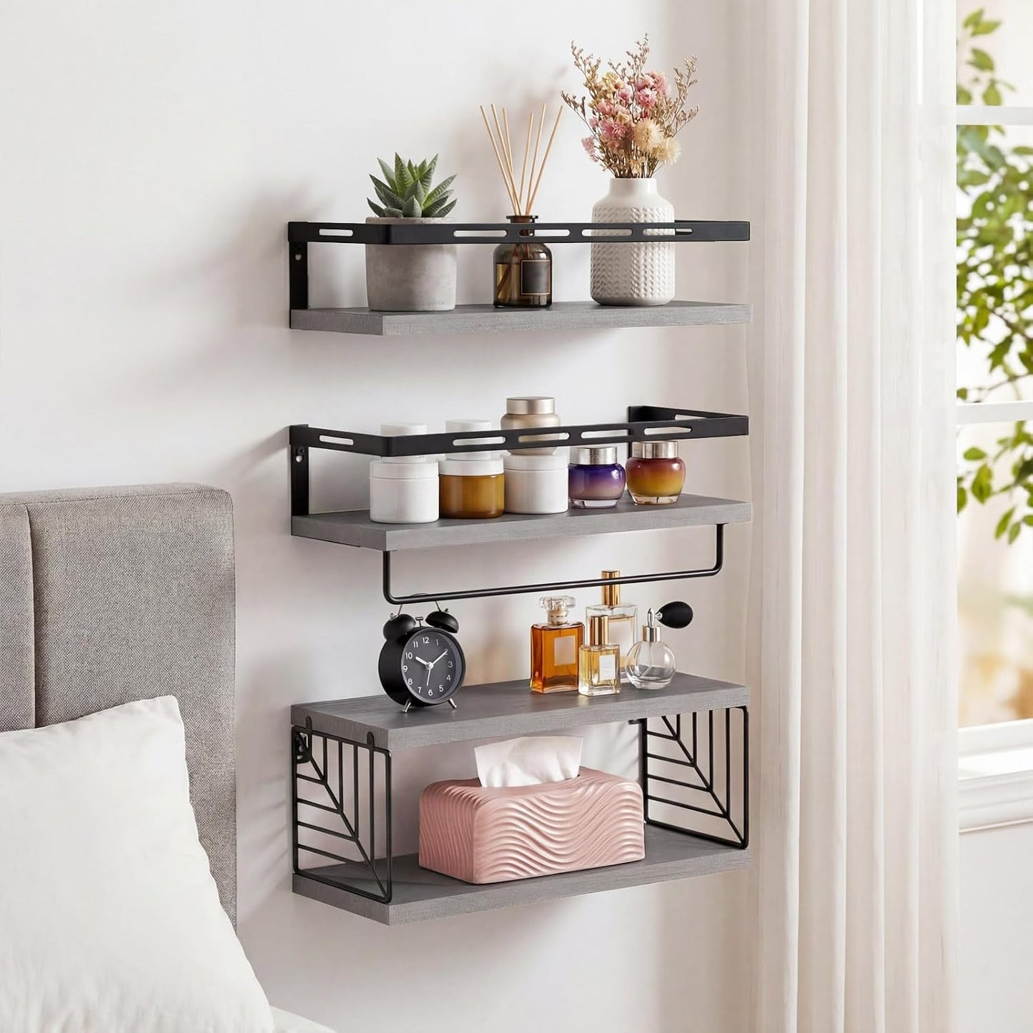 Fixwal Wall Mounted Bathroom Shelves Over Toilet (3+1 Gray) | Wall Shelf with Basket Storage , Towel Bar, Solid Wood