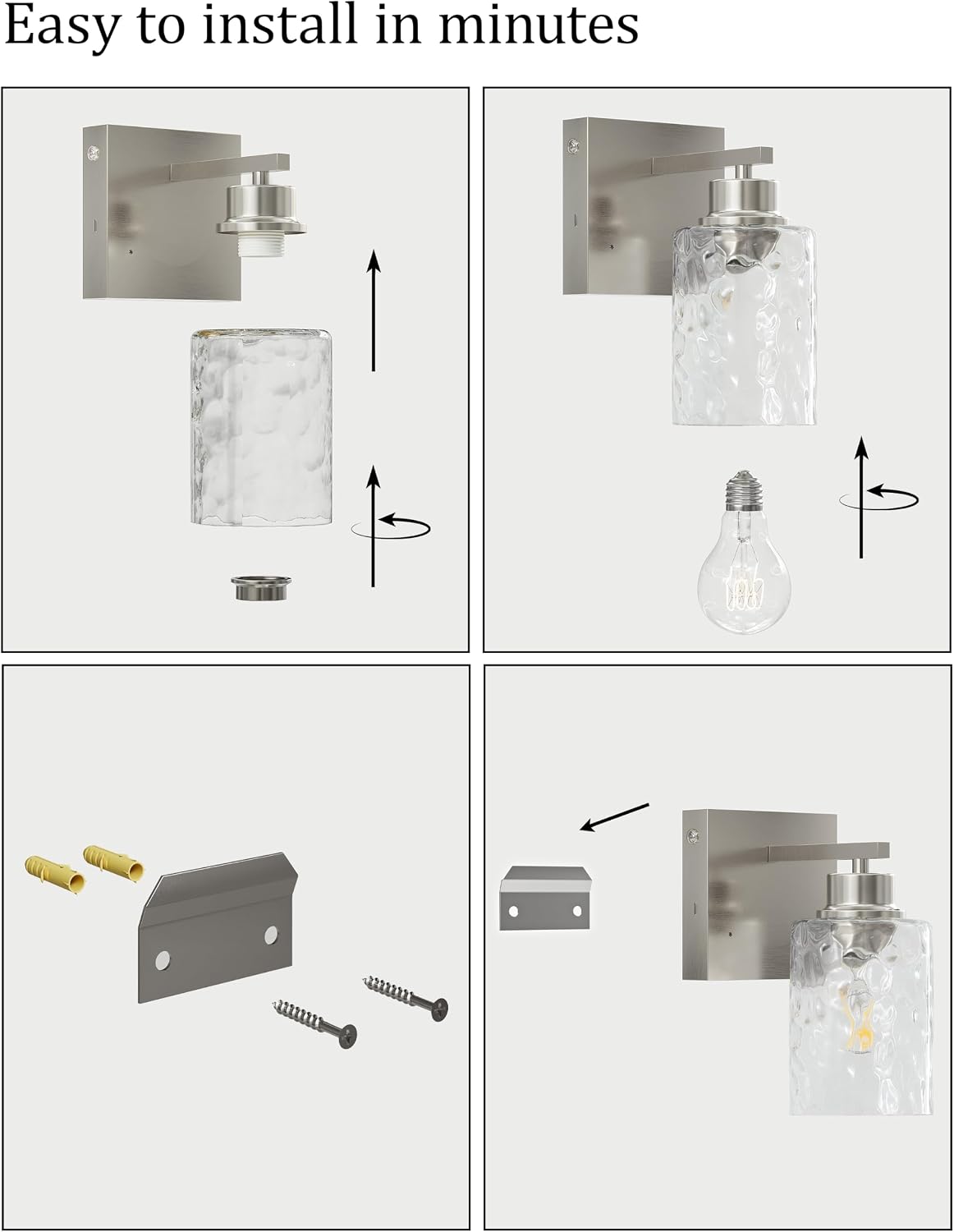 Hammered Glass Wireless Battery Operated Wall Sconces Set of Two Nickel | Dimmable Rechargeable Wall Lights with Remote
