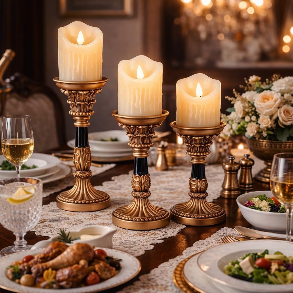 Resin Pillar Candle Holders Set of 3 – an Antique Gold Frame with Engraved Decorations (9", 7.5", 6") with 3.1" Tray &
