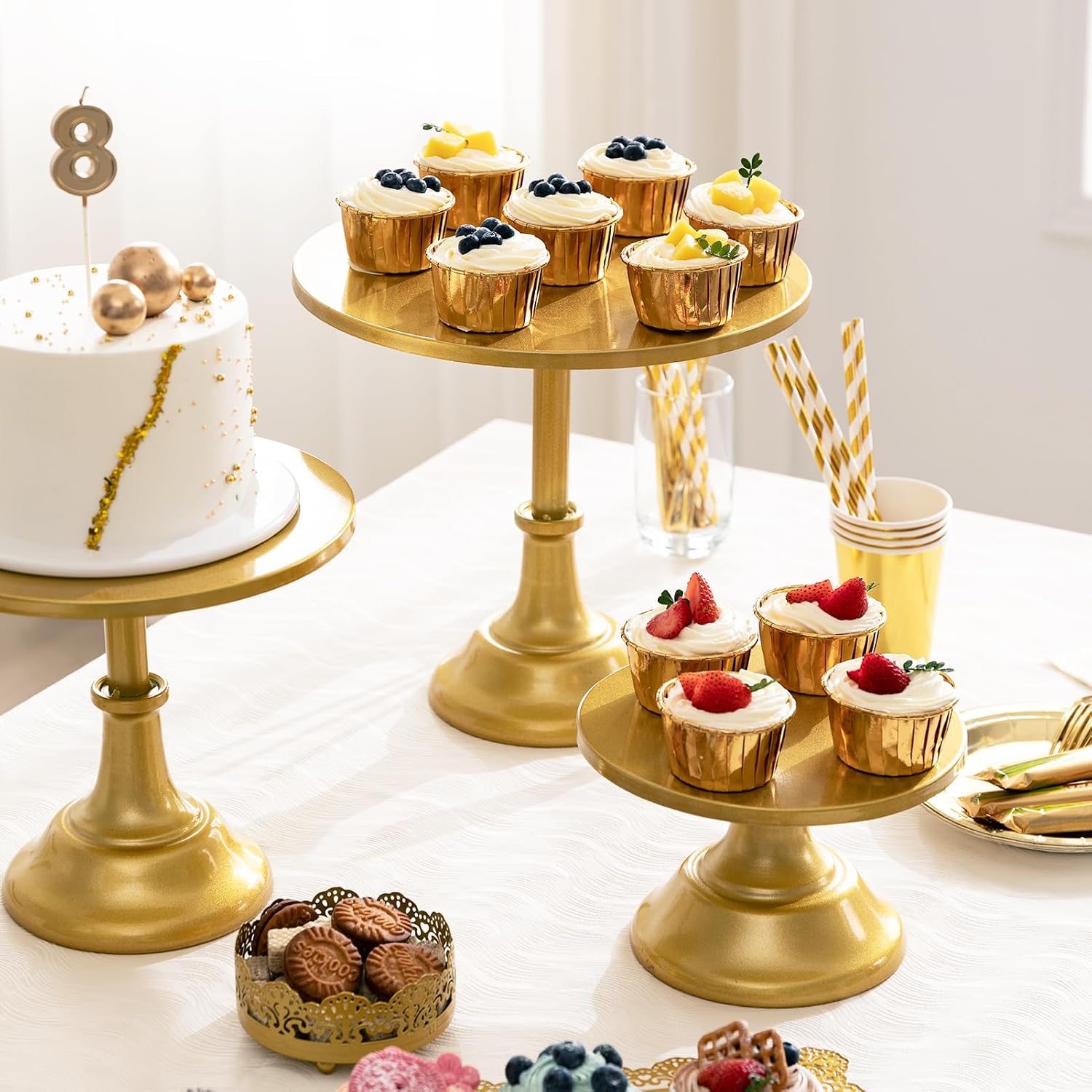 HBlife 3 PCS Gold Cake Stand Set (8"/10"/12" Cake Plate), Metal | Interchangeable Bases&Plates, Dessert Table Display