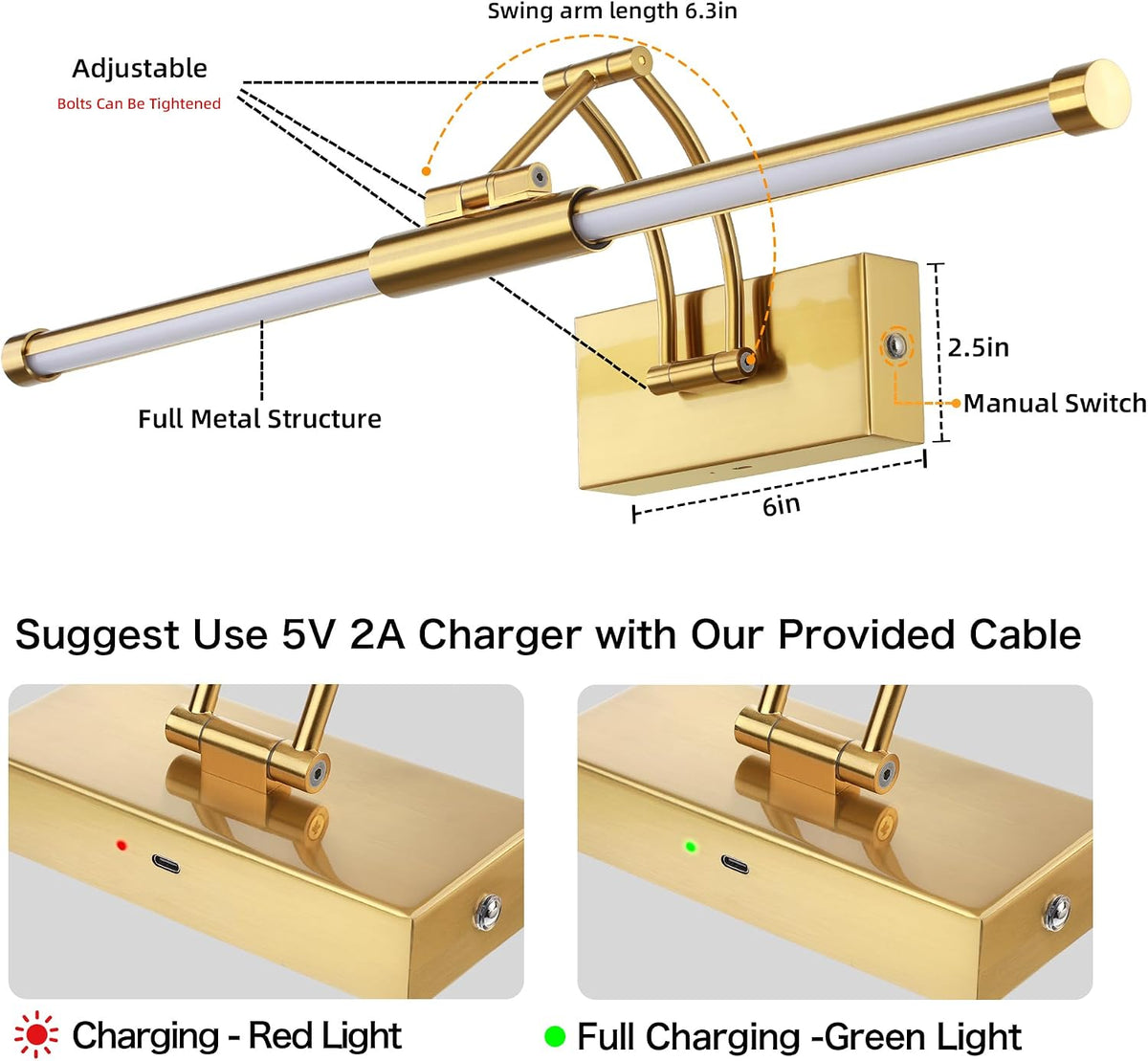 24" Picture Lights for Wall, 8000mAh Rechargeable Wireless Remote | Battery Operated Art Light 3000K/4000K/6000K