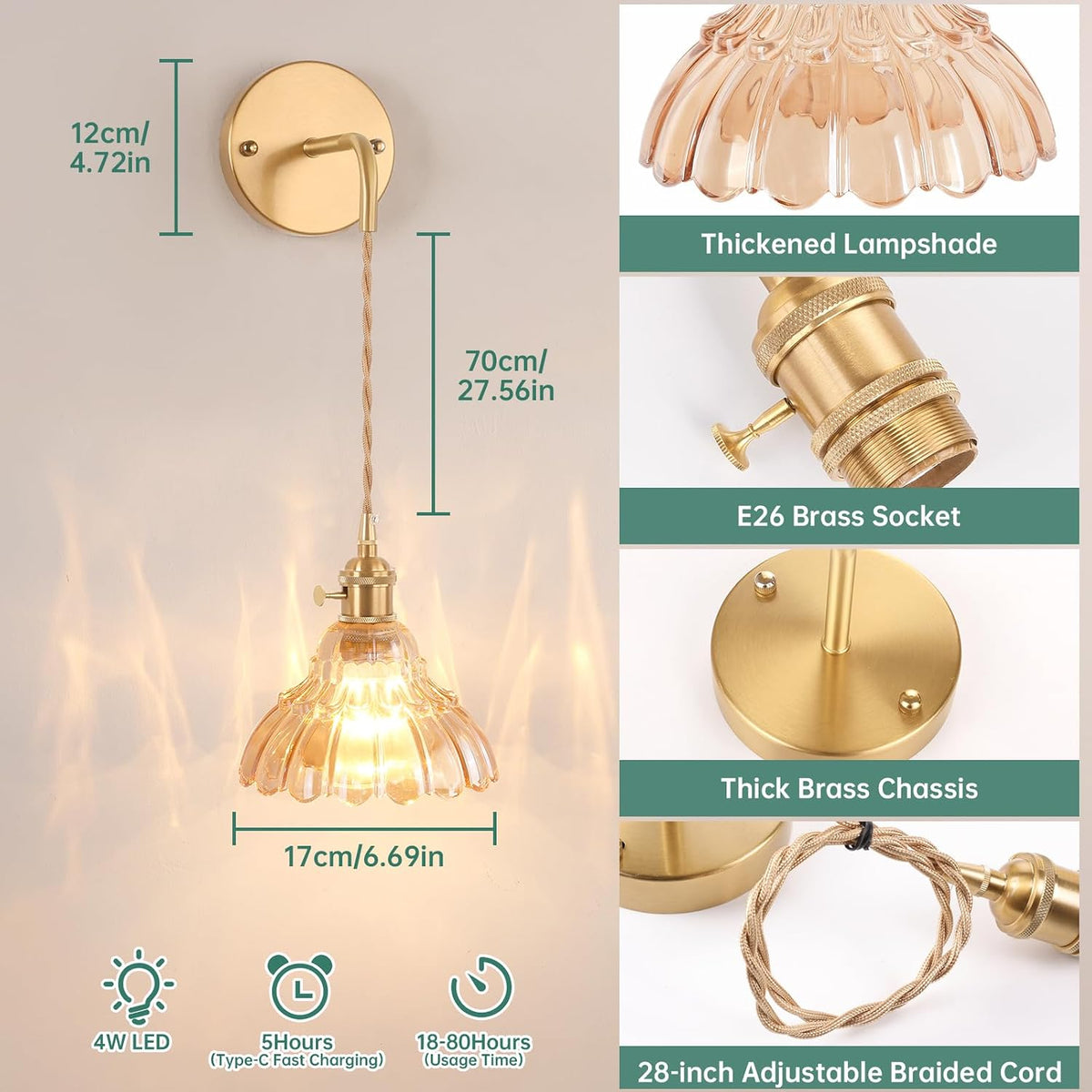 Shenmoyl Vintage Battery Operated wall sconces Set of 2, Wall Lamps with Amber Lily of the Shade Pattern Glass