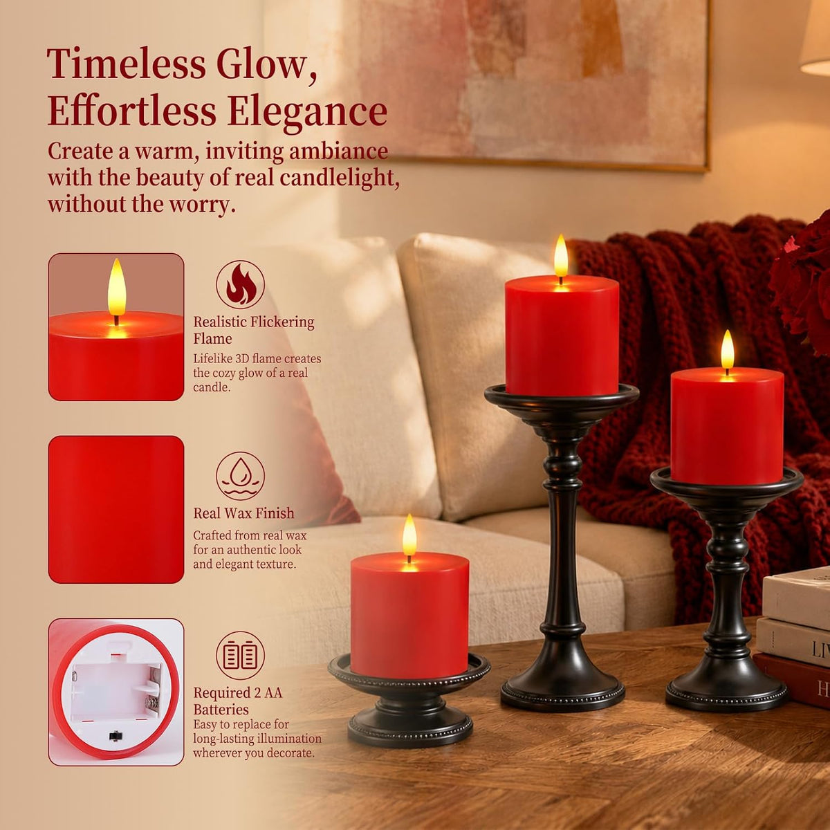 Homemory 3x3 Red Flameless Candles Battery Operated with Remote Timer, 3PC | Real Wax LED Pillar Candles with 3D Wick