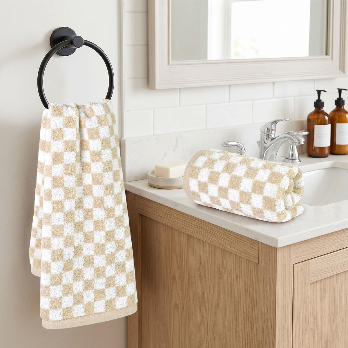 Jacquotha Beige Checkered Hand Towels - Set of 4, Cotton, 13"x29" | Soft & Absorbent, Aesthetic Cute Bathroom Kitchen