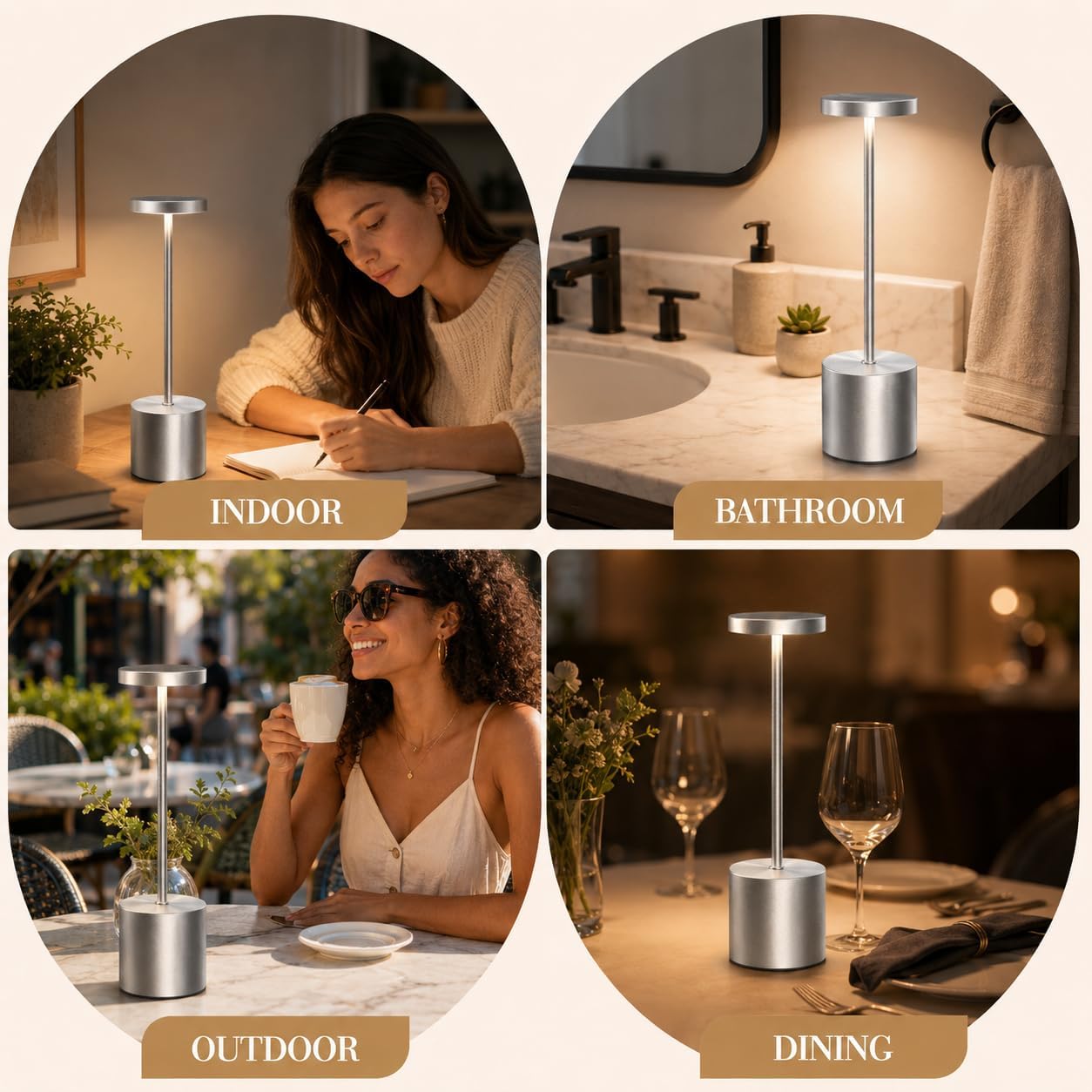 AUDLES Silver Rechargeable Table Lamps 2 Pack, Cordless Battery Operated LED Desk Lamp with Touch Control, 3 Color