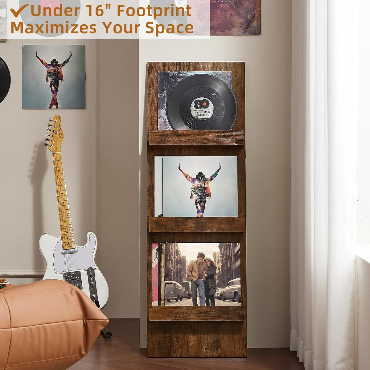 Wall-Leaning Vinyl Record Holder Set of 3 with 3 Tier Display Shelf, 47.5'' Tall Record Storage Magazine Holder, Vinlys
