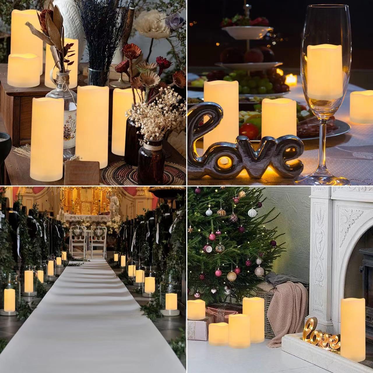 Flameless Battery Operated Outdoor Waterproof Set of 12(D: 3" x H: 3" 4" 5" 6") Pillar LED Candles with 10-Key Remote