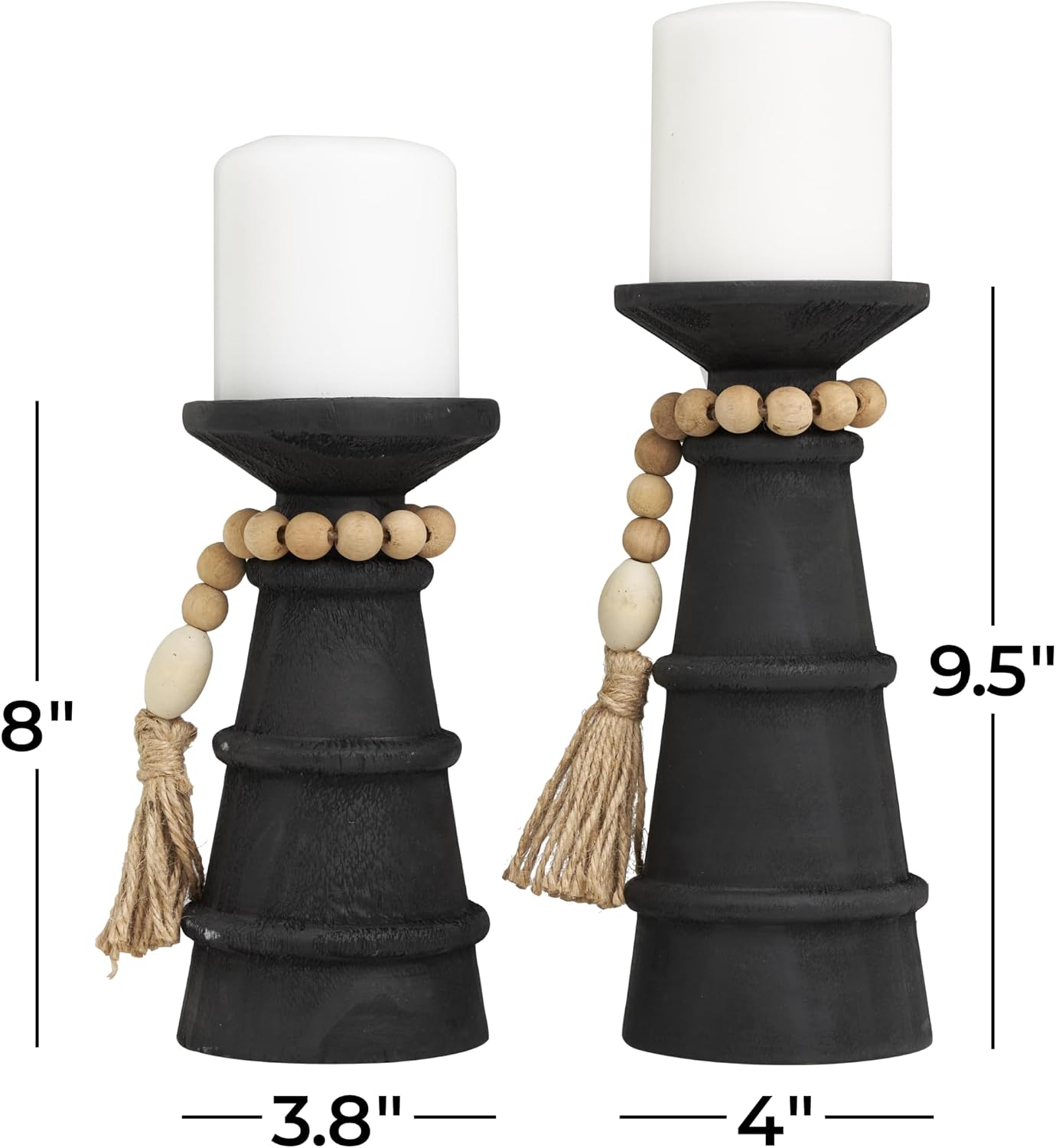 Deco 79 Wood Handmade Decorative Candle Holder Textured Matte Candle Stand with Beaded Garland Accent, Set of 2