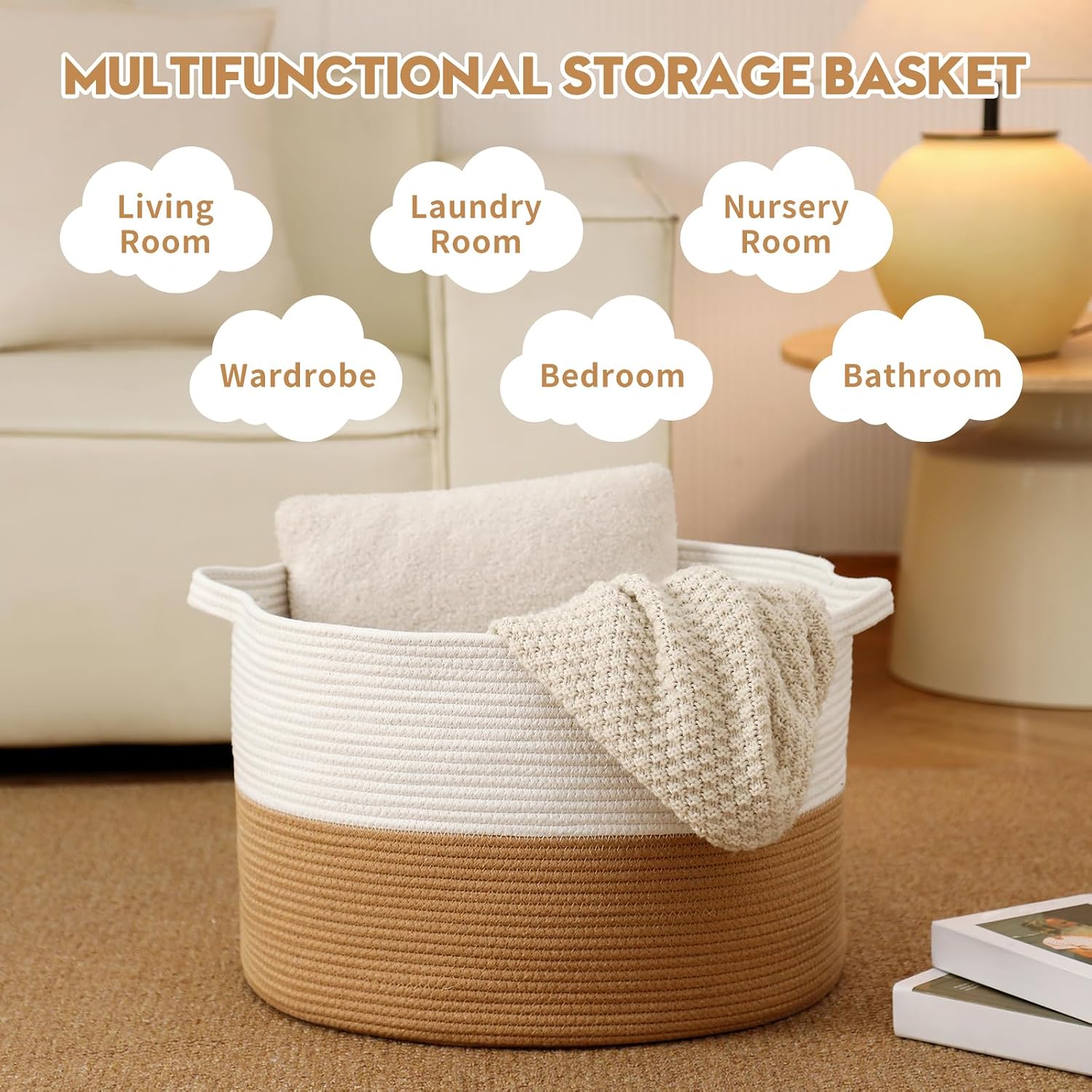 Collapsible Handle Cotton Rope Soft Woven Fabric Storage Organizer Clothes / White & Camel / 65L
