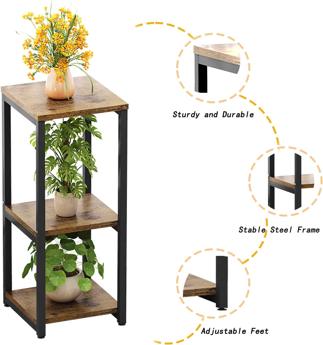 3 Tier Plant Stand Indoor Corner Tall Square Shape Plant Shelf | Modern Metal MDF board Flower Storage,Suitable tight