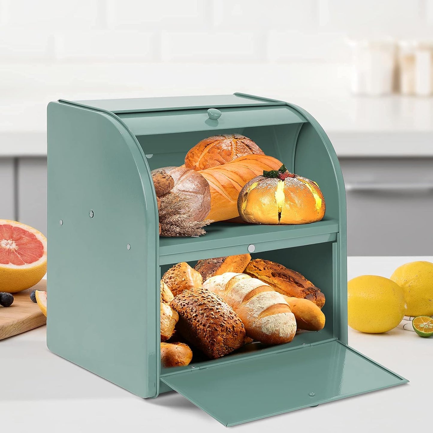 Stainless Steel Bread Box, 2 Layer Roll Top Bread Boxes, Large Capacity Food Storage Container for Kitchen Counter