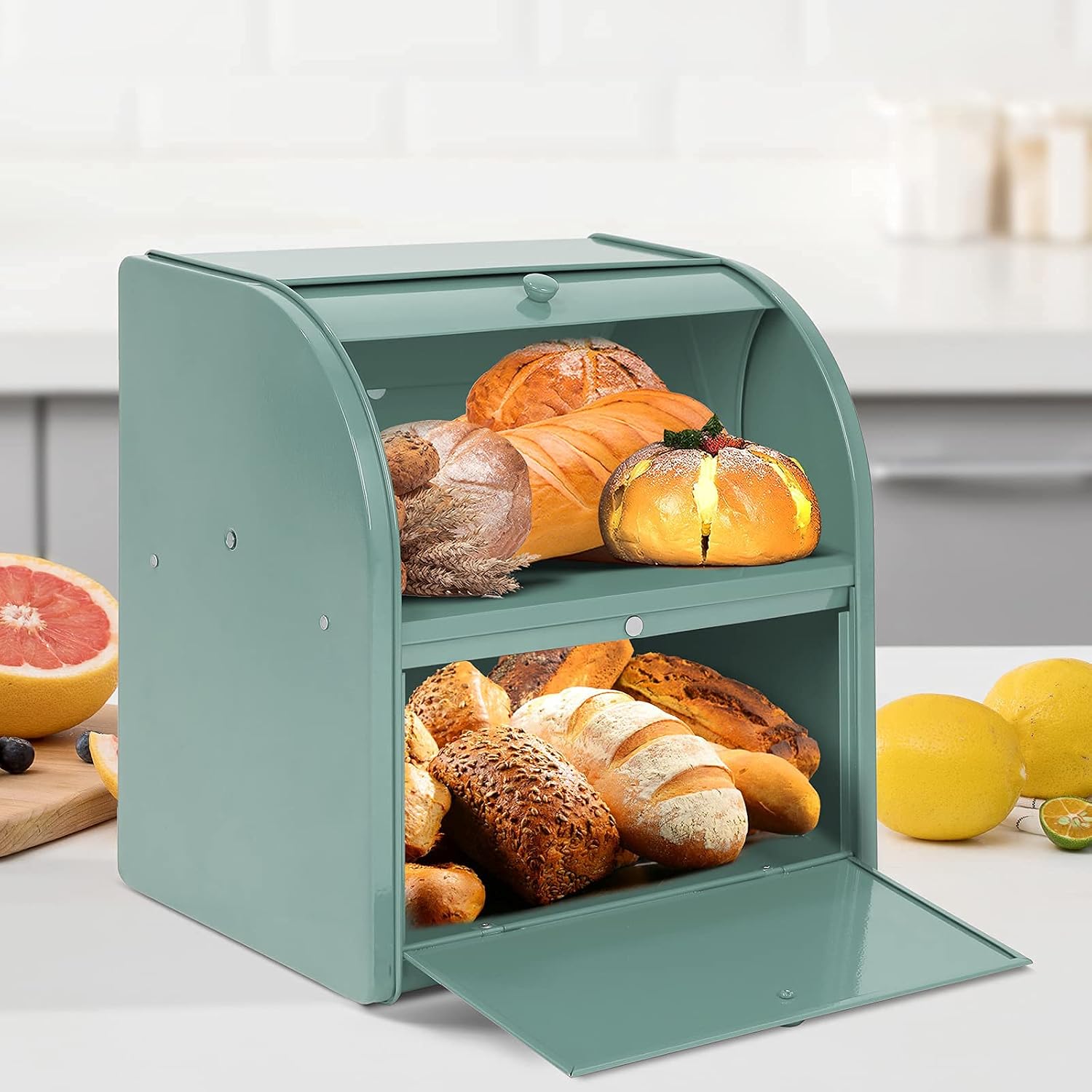 Stainless Steel Bread Box, 2 Layer Roll Top Bread Boxes, Large Capacity Food Storage Container for Kitchen Counter