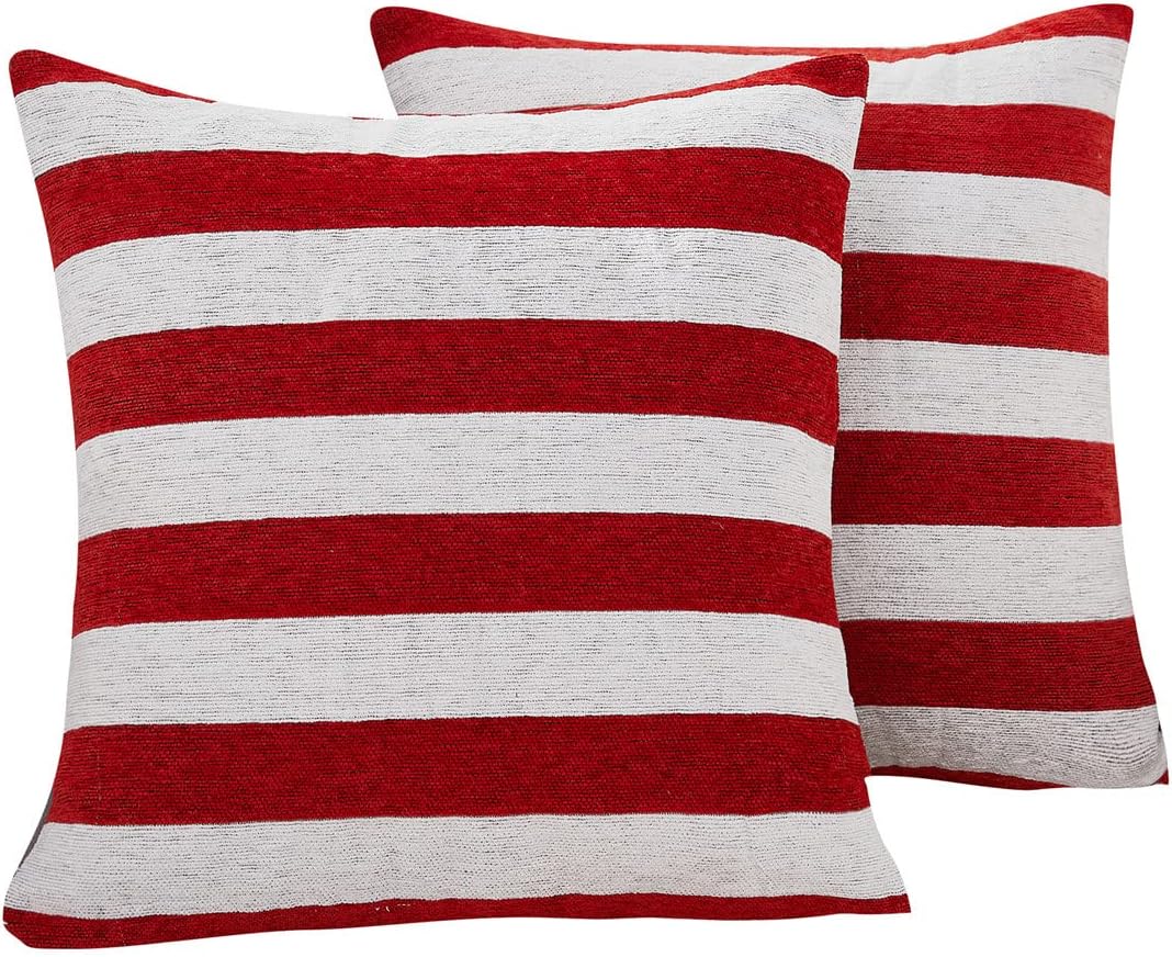 Soft Chenille Decorative Patriotic Throw Pillow Covers July / Red White Stripe / 18 x 18 / Set of 2
