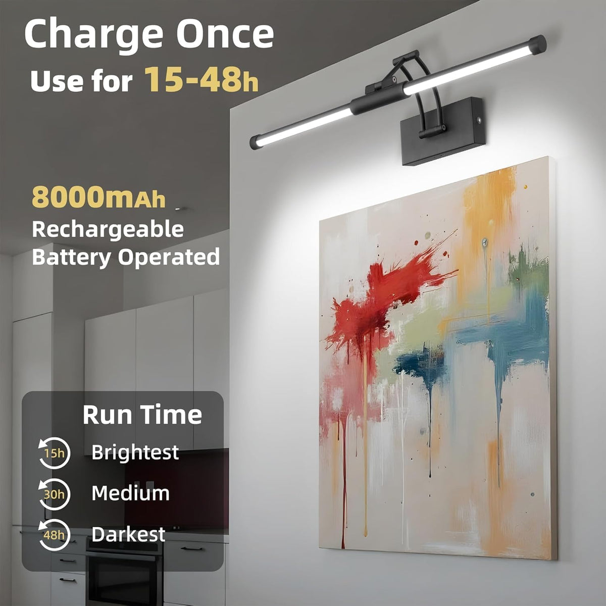24" Picture Lights for Wall, 8000mAh Rechargeable Wireless Remote | Battery Operated Art Light 3000K/4000K/6000K