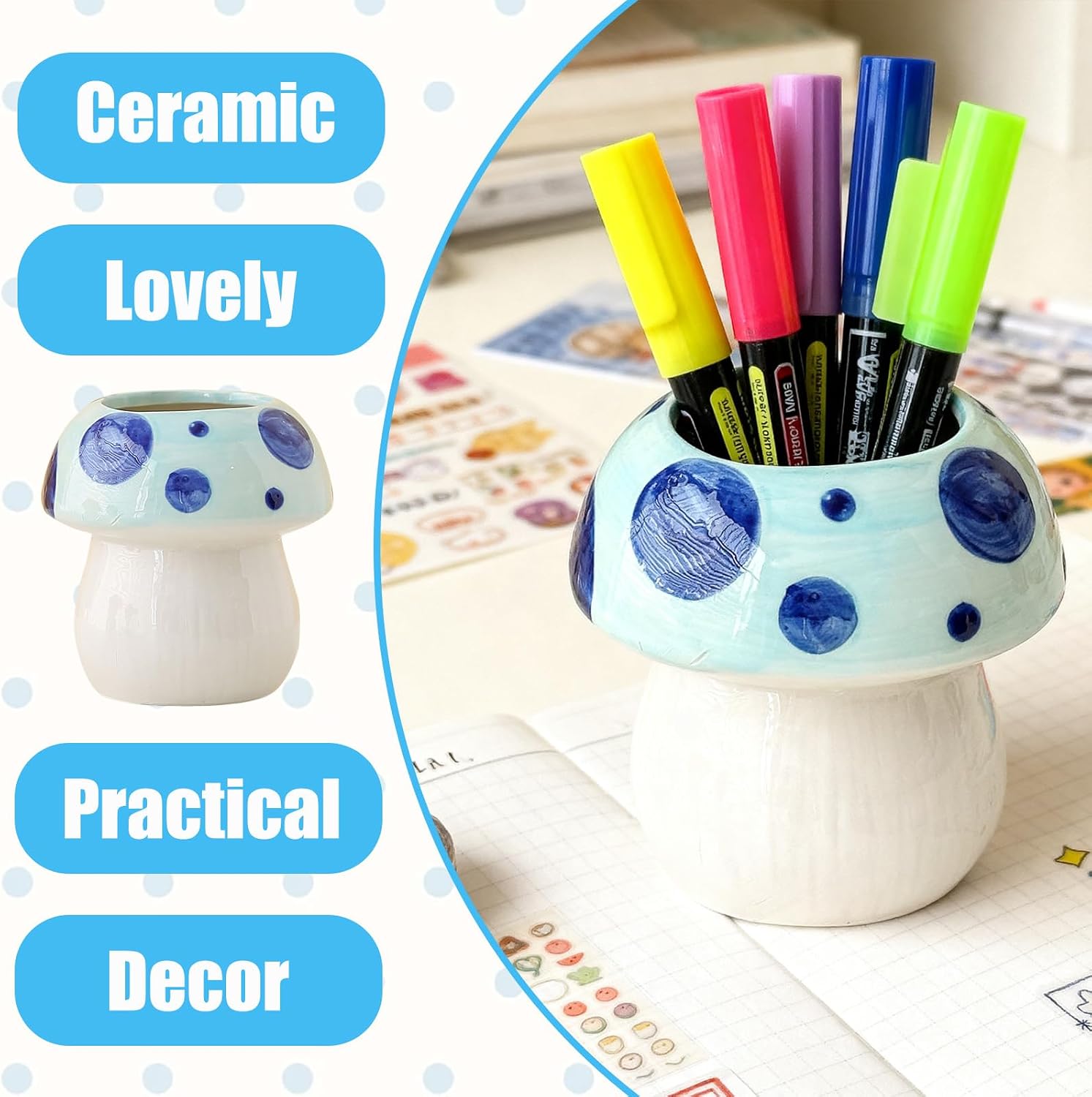 Mushroom Shaped Ceramic Pen Holder / BLUE