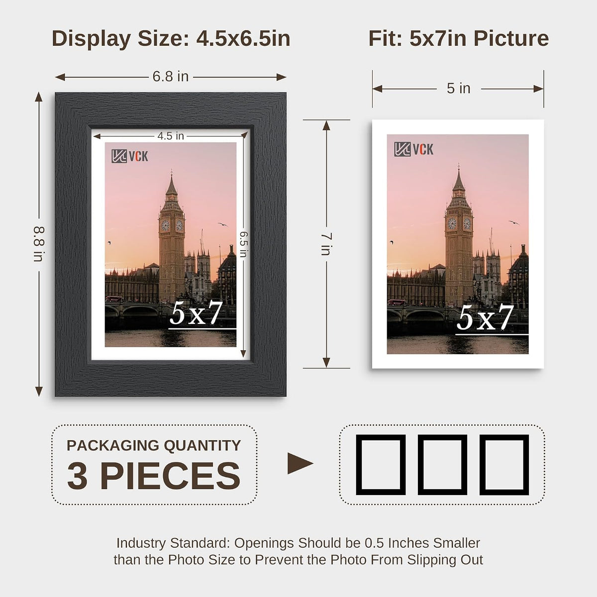 VCK 5x7 Picture Frames - Black, Wide Border Solid Wood Frame, Display Photo in Horizontal and Vertical, for Home