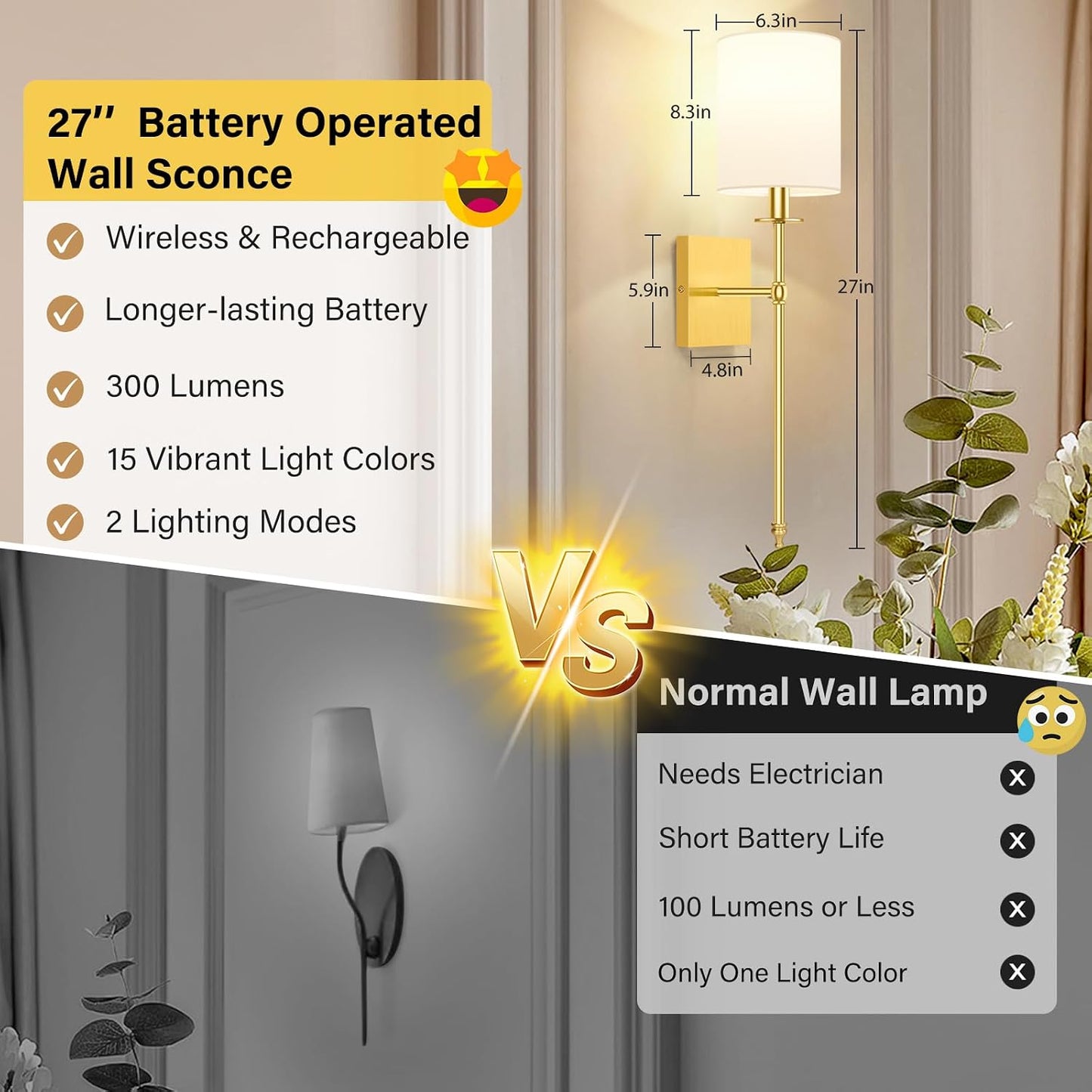 27 Inch Wall Sconces Battery Operated Set of 2, Rechargeable Wireless Wall Sconces Lights with Remote, Not Hardwired