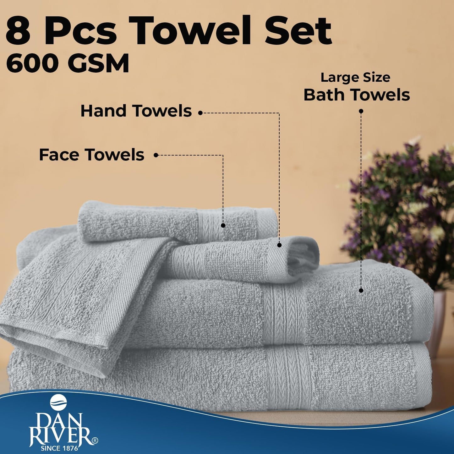 DAN RIVER 8 Piece Luxury Bath Towels for Bathroom, Towel Set, Silver | 2 Bath towels, 2 Hand towels, and 4 Wash Cloths