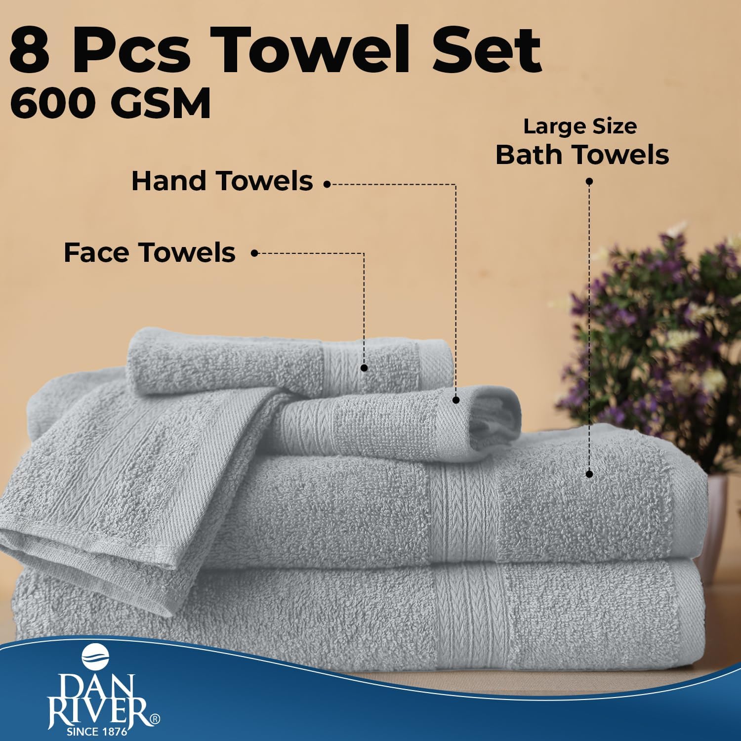 DAN RIVER 8 Piece Luxury Bath Towels for Bathroom, Towel Set, Silver | 2 Bath towels, 2 Hand towels, and 4 Wash Cloths