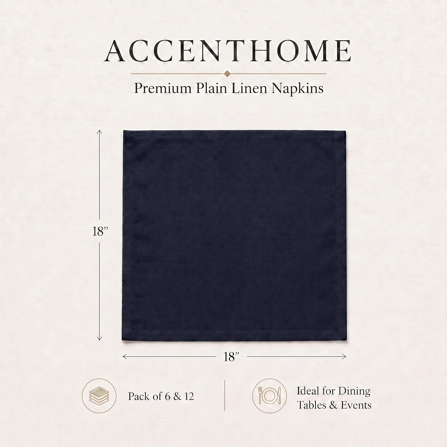 ACCENTHOME Navy Cotton Linen Napkin Set of 12 18x18 inch Dinner Napkins | Cotton Linen Blend Napkins, Machine Wash On