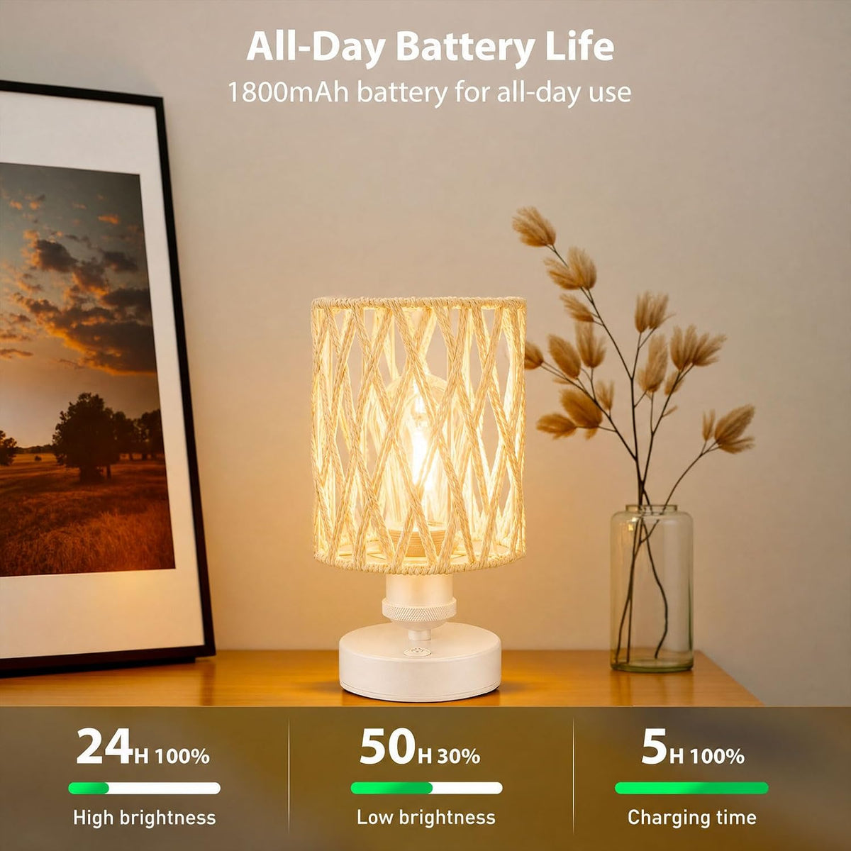 Cordless Outdoor Table Lamps, Small Rattan Boho, Rechargeable Battery Operated for Outdoor Patio, Home, Living Room