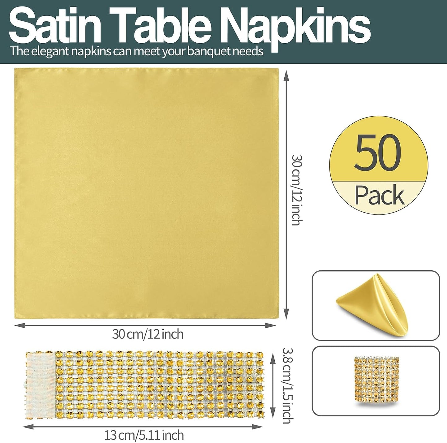 Gold Satin Napkins & Napkin Rings Set, 100 Pack, 12x12 Inch | Set of 50 Napkins, Silky Soft Cloth, Square Satin Dinner