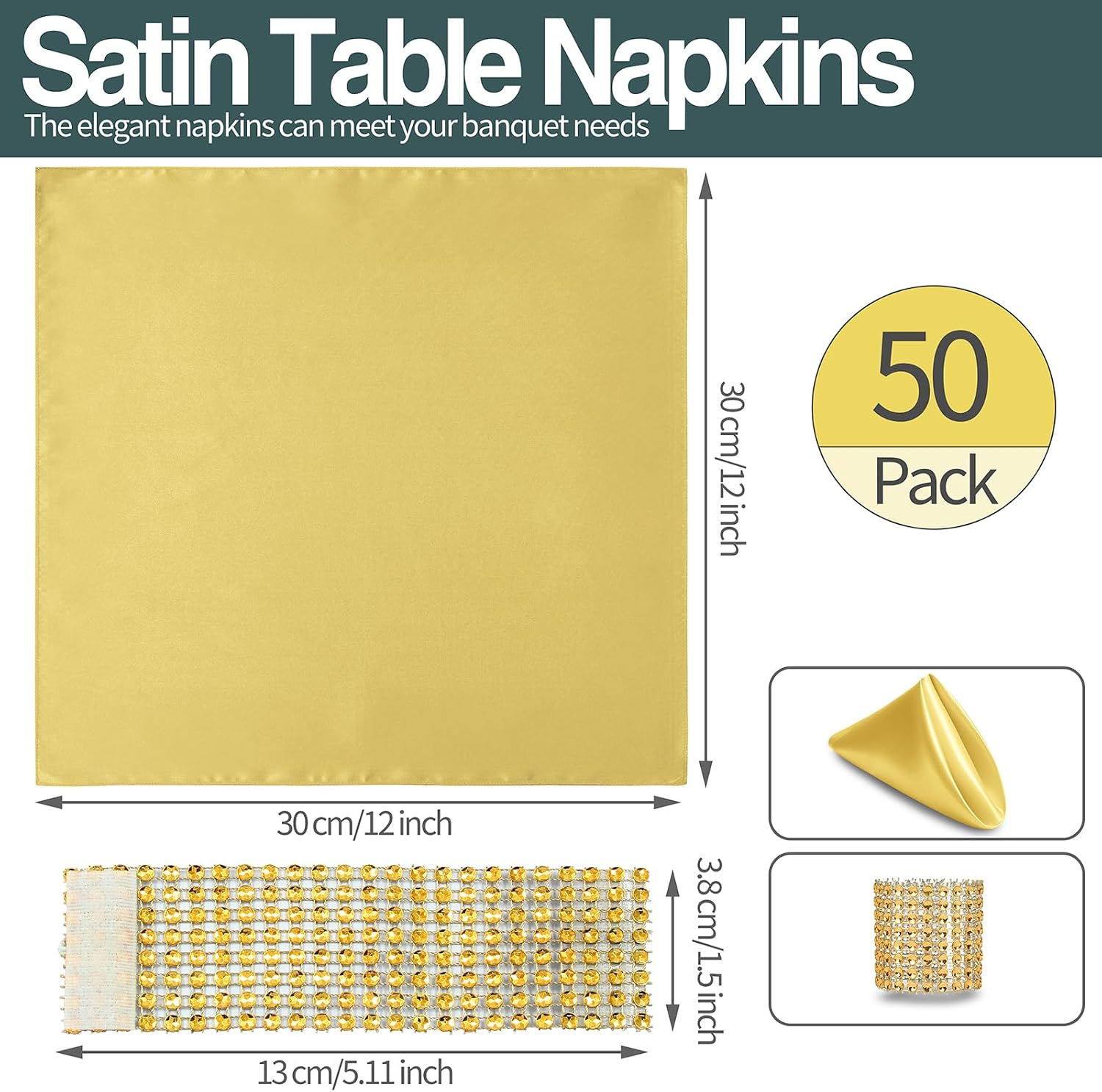 Gold Satin Napkins & Napkin Rings Set, 100 Pack, 12x12 Inch | Set of 50 Napkins, Silky Soft Cloth, Square Satin Dinner