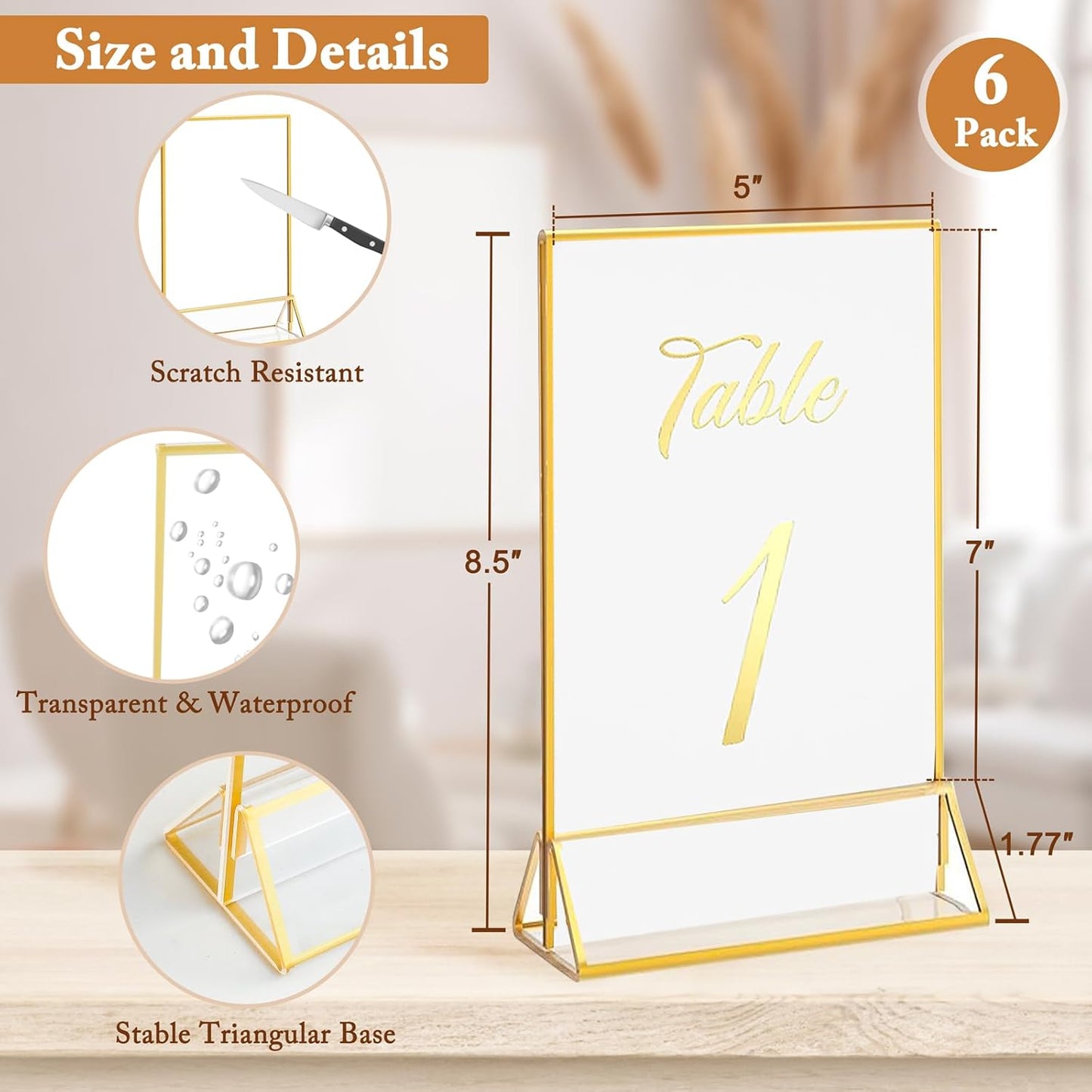 Clear Acrylic Sign Holders / Gold / 5 x 7 / Set of 6