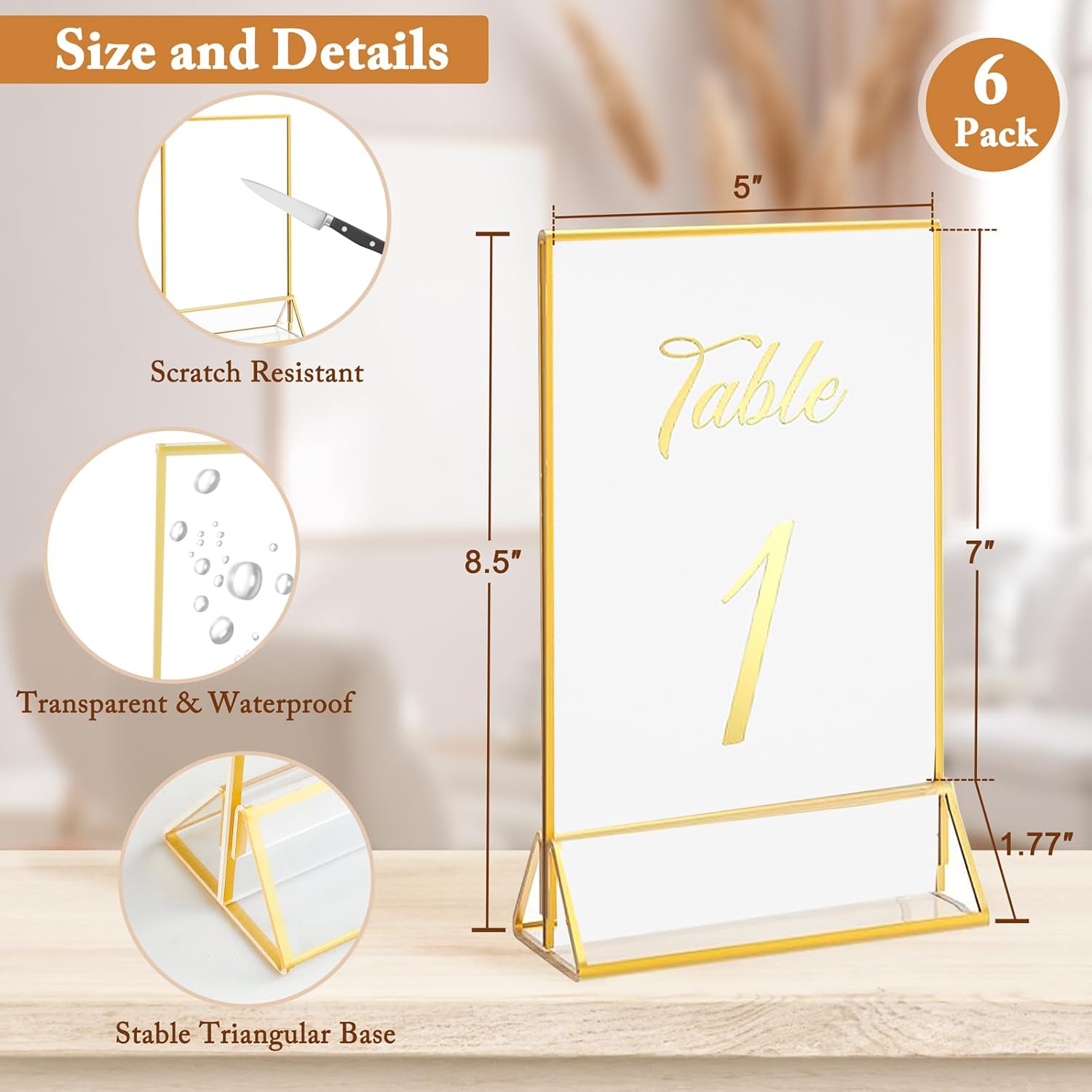 Clear Acrylic Sign Holders / Gold / 5 x 7 / Set of 6