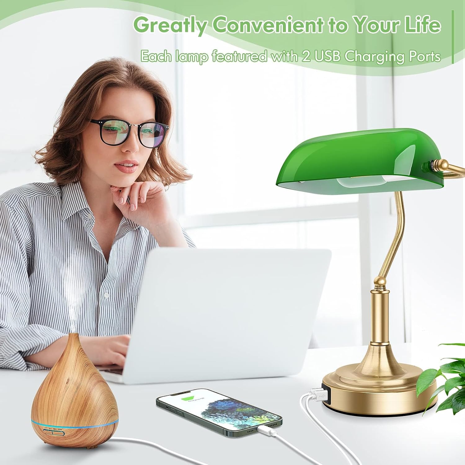 Bankers Lamp with 2 USB Ports, Touch Control Green Glass Desk Lamp with Brass Base, 3-Way Dimmable Vintage Desk Lamp