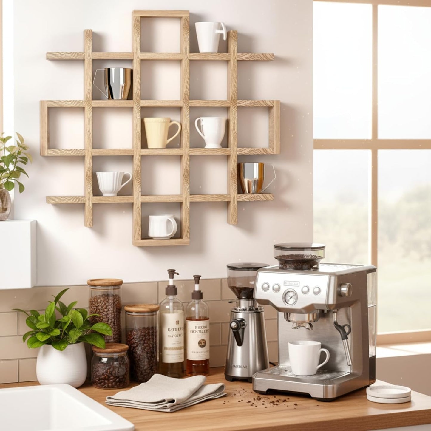 Suzile Mug Display Shelf Wall Mounted,Grid Size 5.1x5.1x3in,Wood Color | Rustic Wood Floating Shadow Box for Coffee