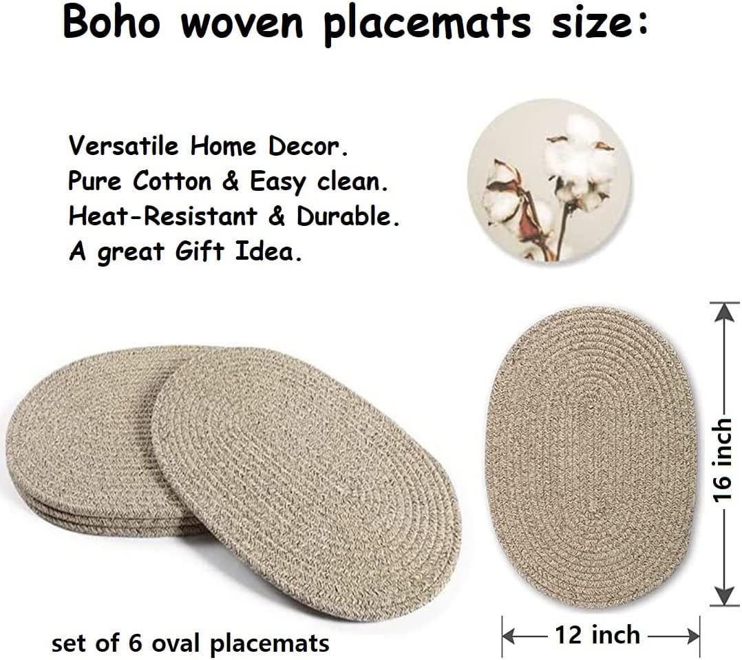6 Pack Woven Placemats Fabric Tablemats, 12x16 inches Plate Chargers Cotton Weave Placemat Oval Braided Rattan