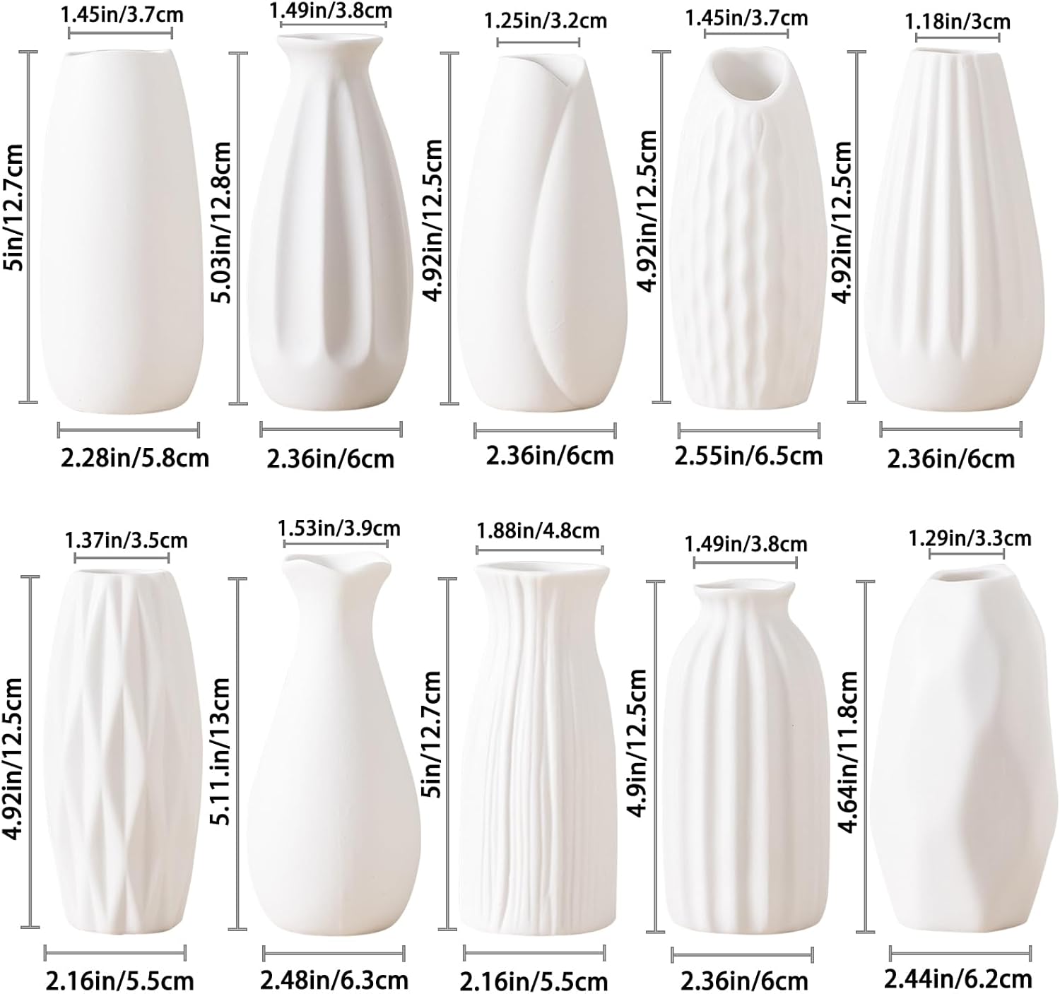 5'' Ceramic Bud Vases / 01 / White / Set of 10
