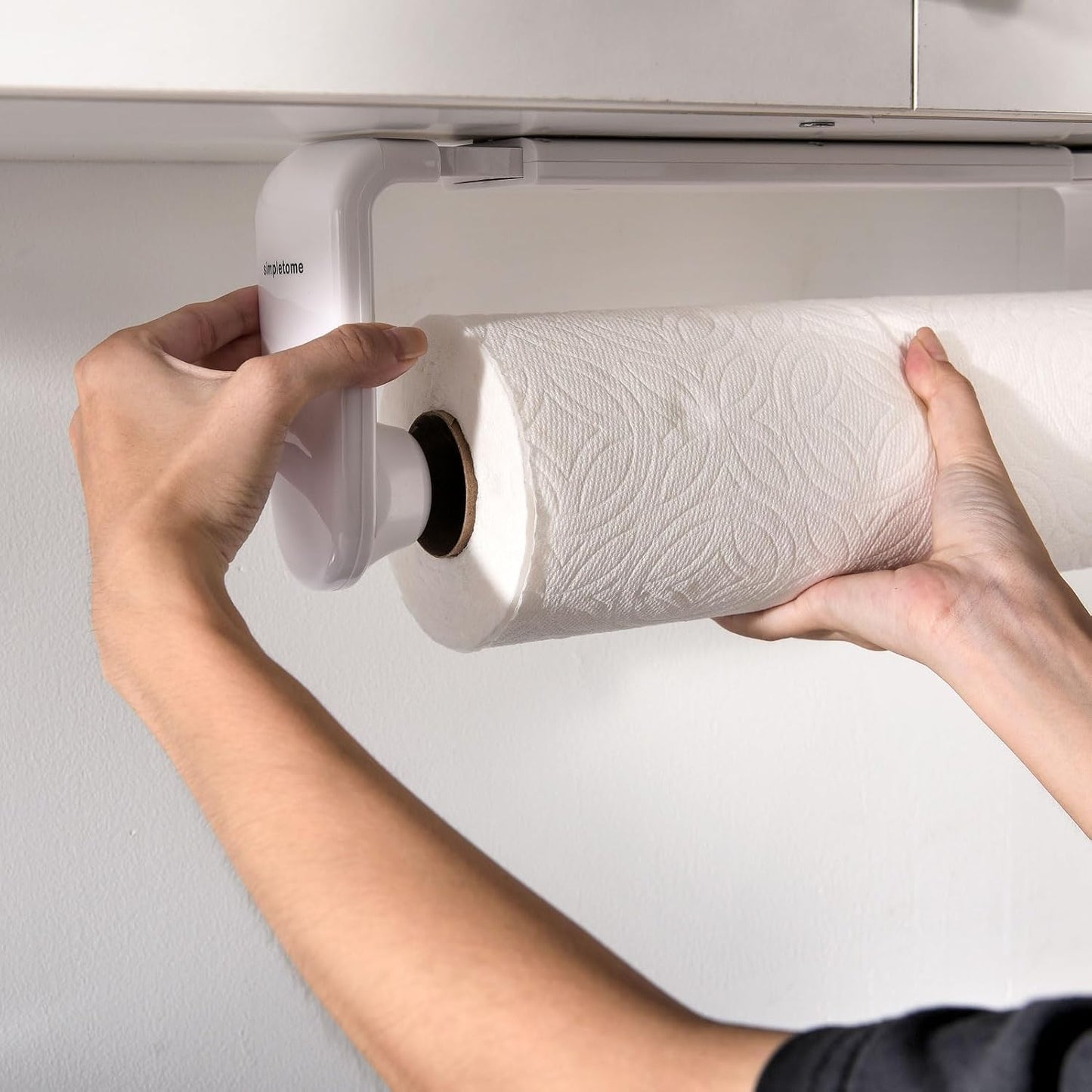 ONE Hand Tear Paper Towel Holder Under Cabinet/Wall for 9.4-11inch, White | adaptive adjustable tension arm | tear